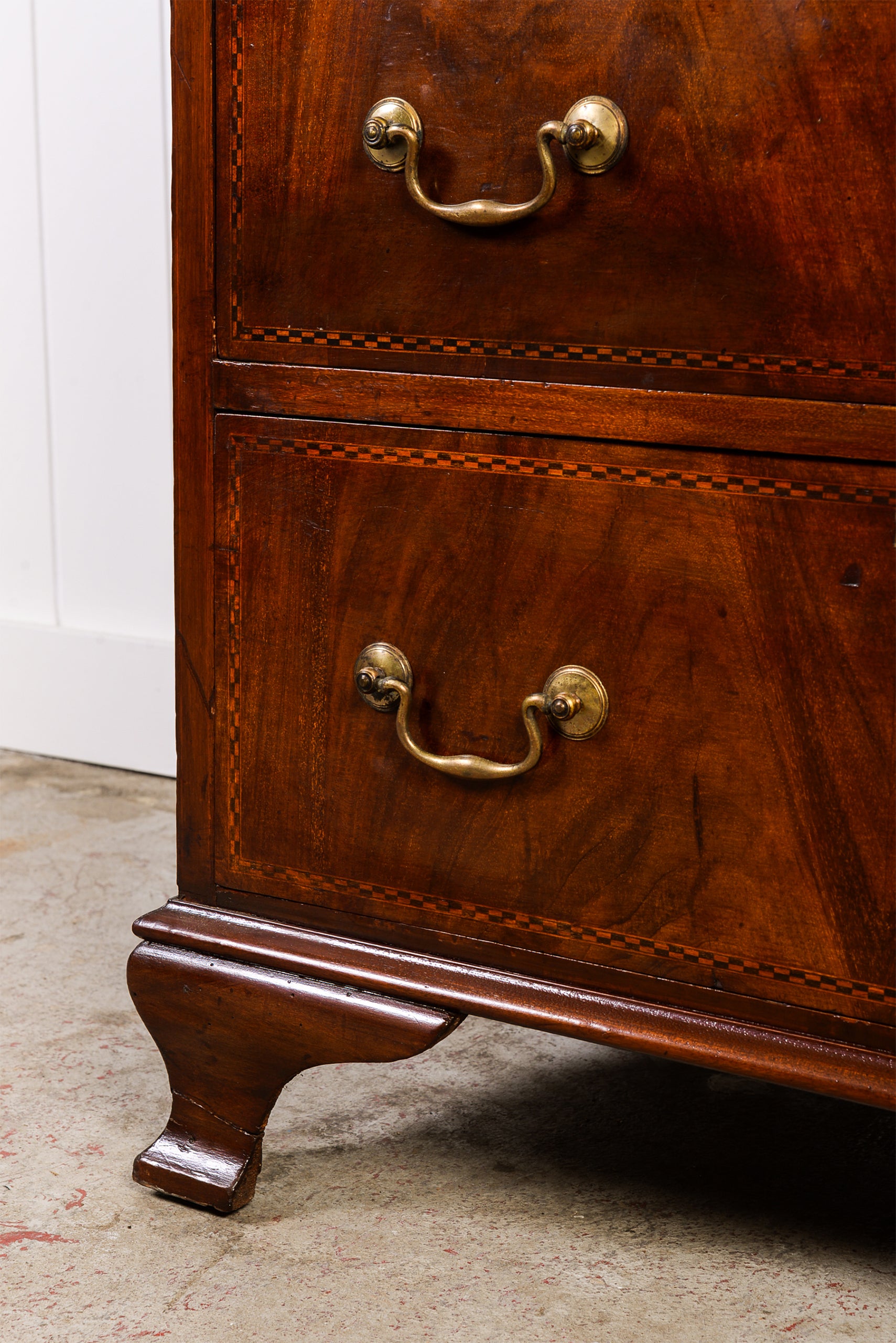English Mahogany Chest with Ebony Check Inlay Drawer Detail + Swan Neck Handles (c. 1900)