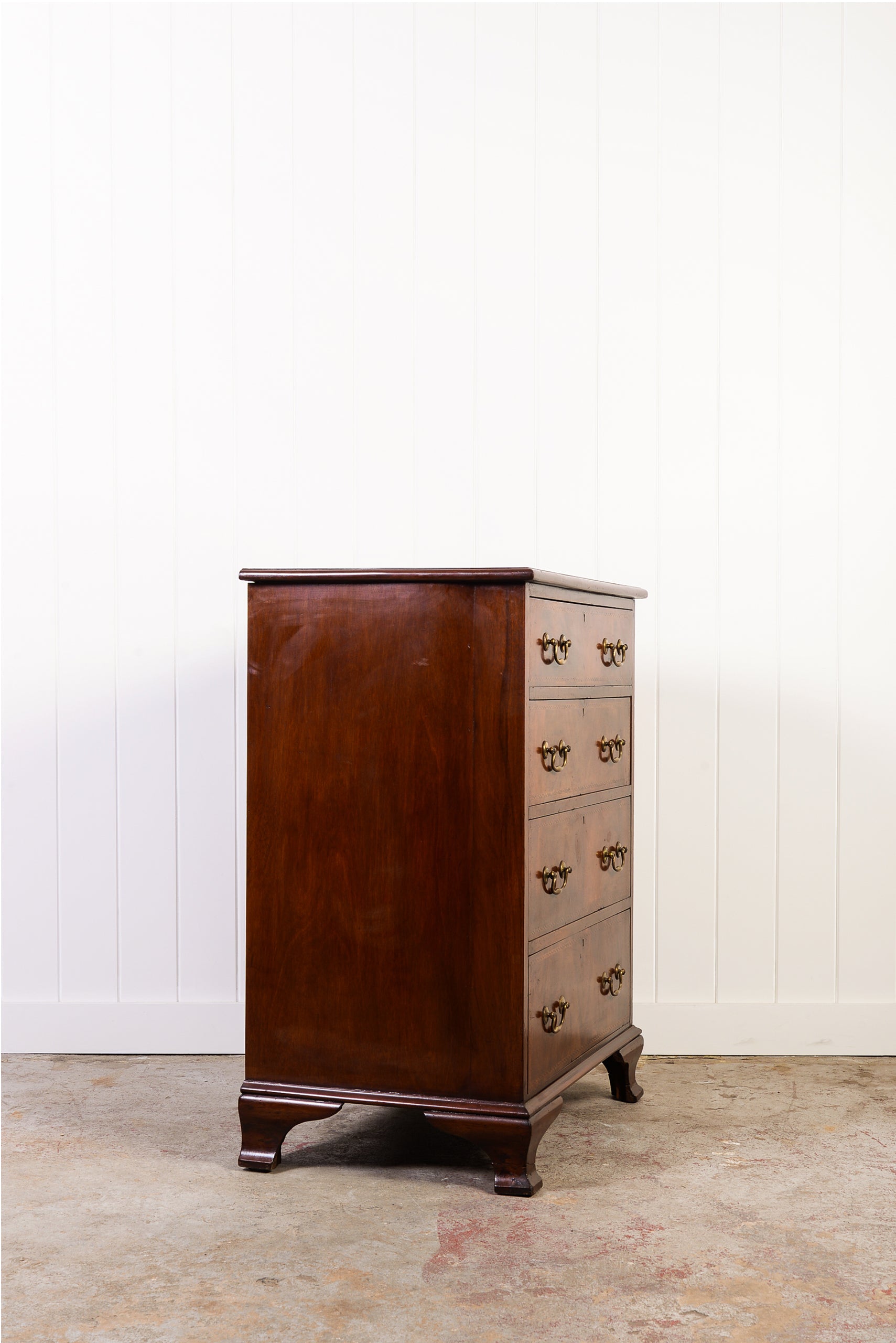 English Mahogany Chest with Ebony Check Inlay Drawer Detail + Swan Neck Handles (c. 1900)