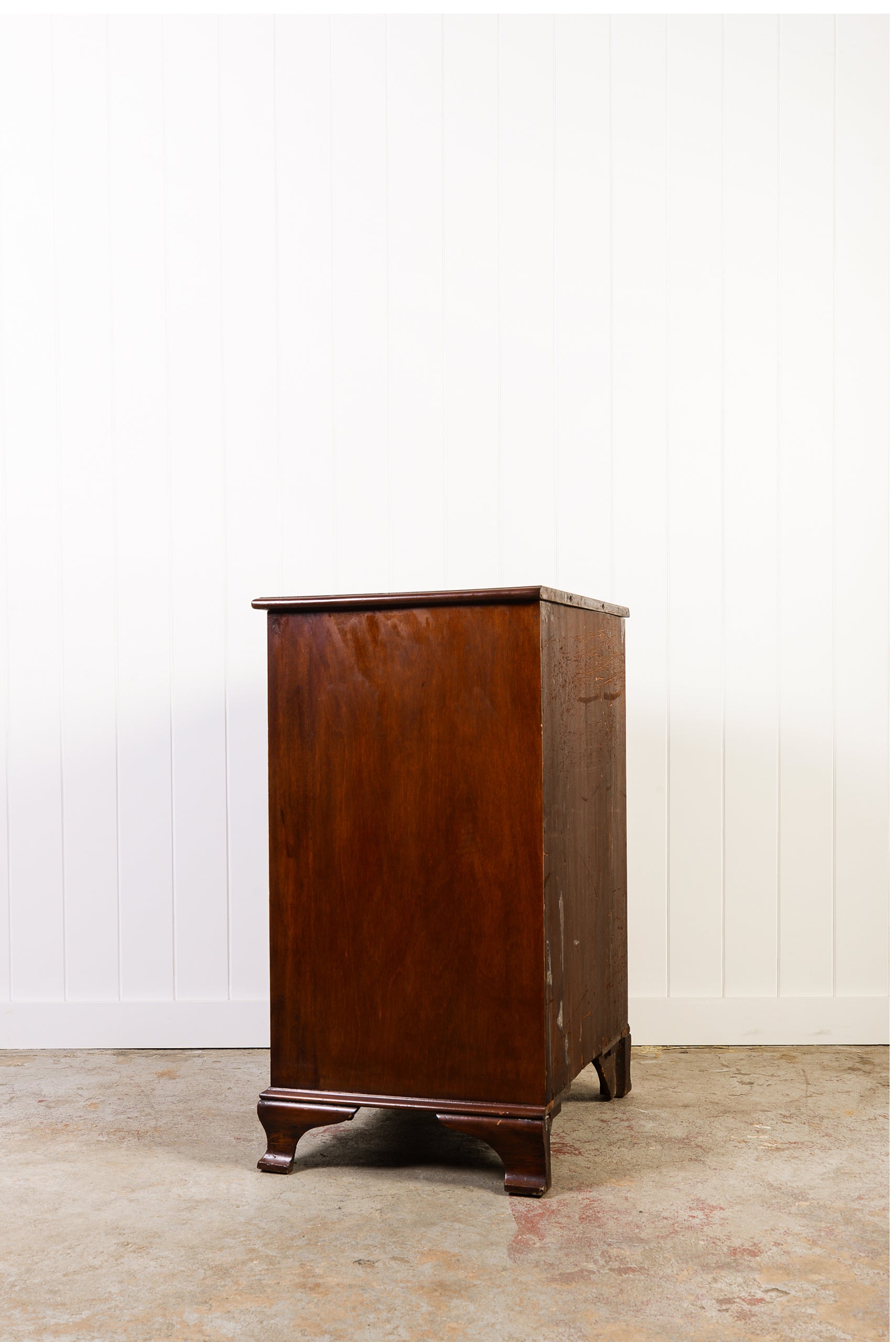 English Mahogany Chest with Ebony Check Inlay Drawer Detail + Swan Neck Handles (c. 1900)