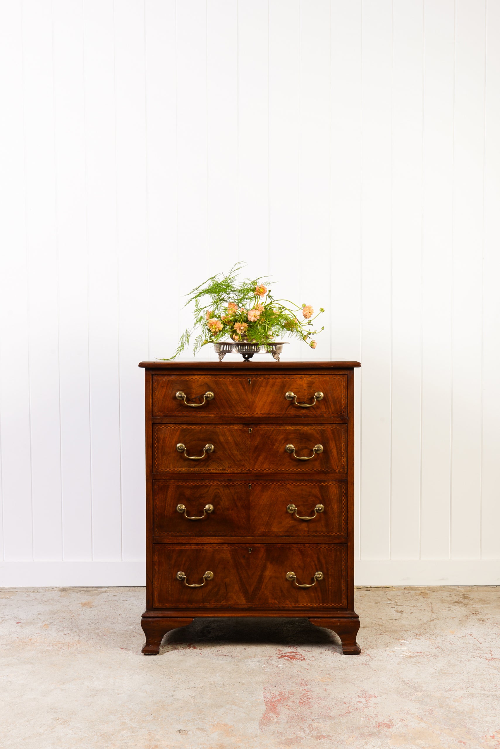 English Mahogany Chest with Ebony Check Inlay Drawer Detail + Swan Neck Handles (c. 1900)