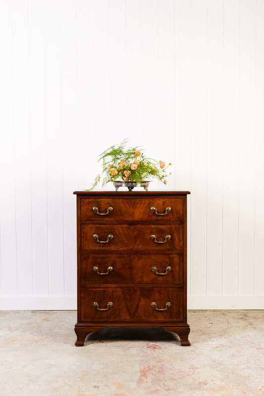 English Mahogany Chest with Ebony Check Inlay Drawer Detail + Swan Neck Handles (c. 1900)