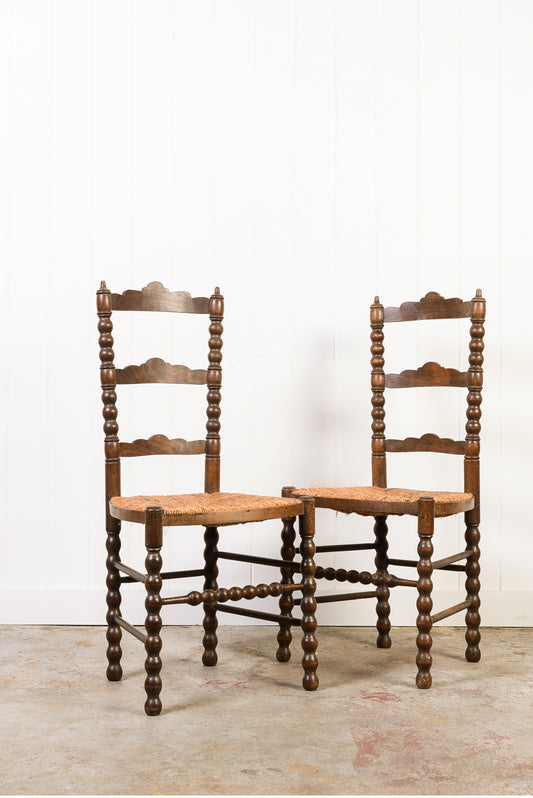 PAIR of English Ladderback Bobbin Chairs with Rainbow Rush Seats