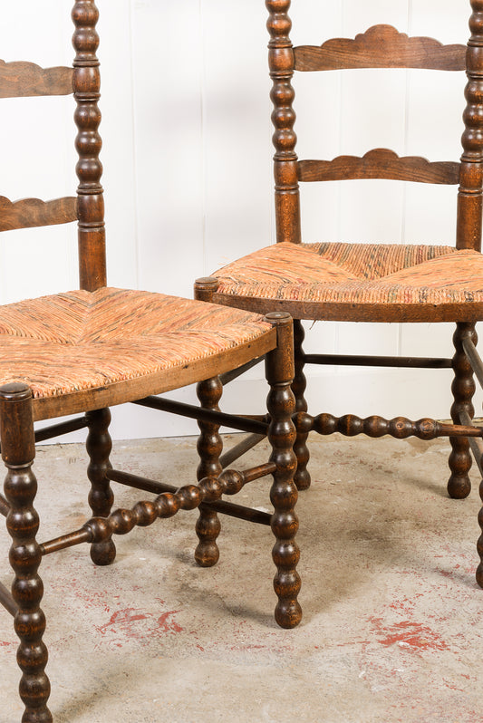 PAIR of English Ladderback Bobbin Chairs with Rainbow Rush Seats