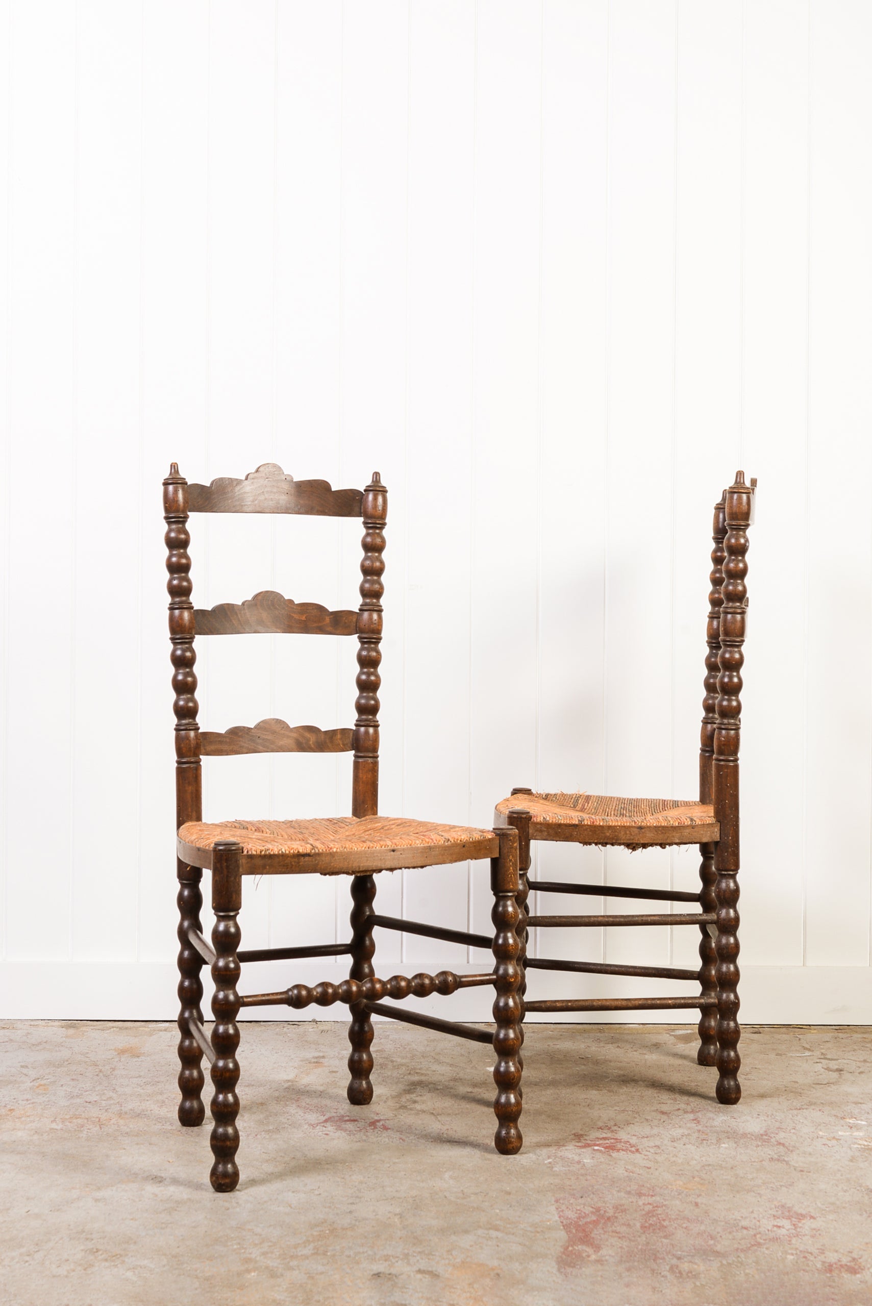 PAIR of English Ladderback Bobbin Chairs with Rainbow Rush Seats