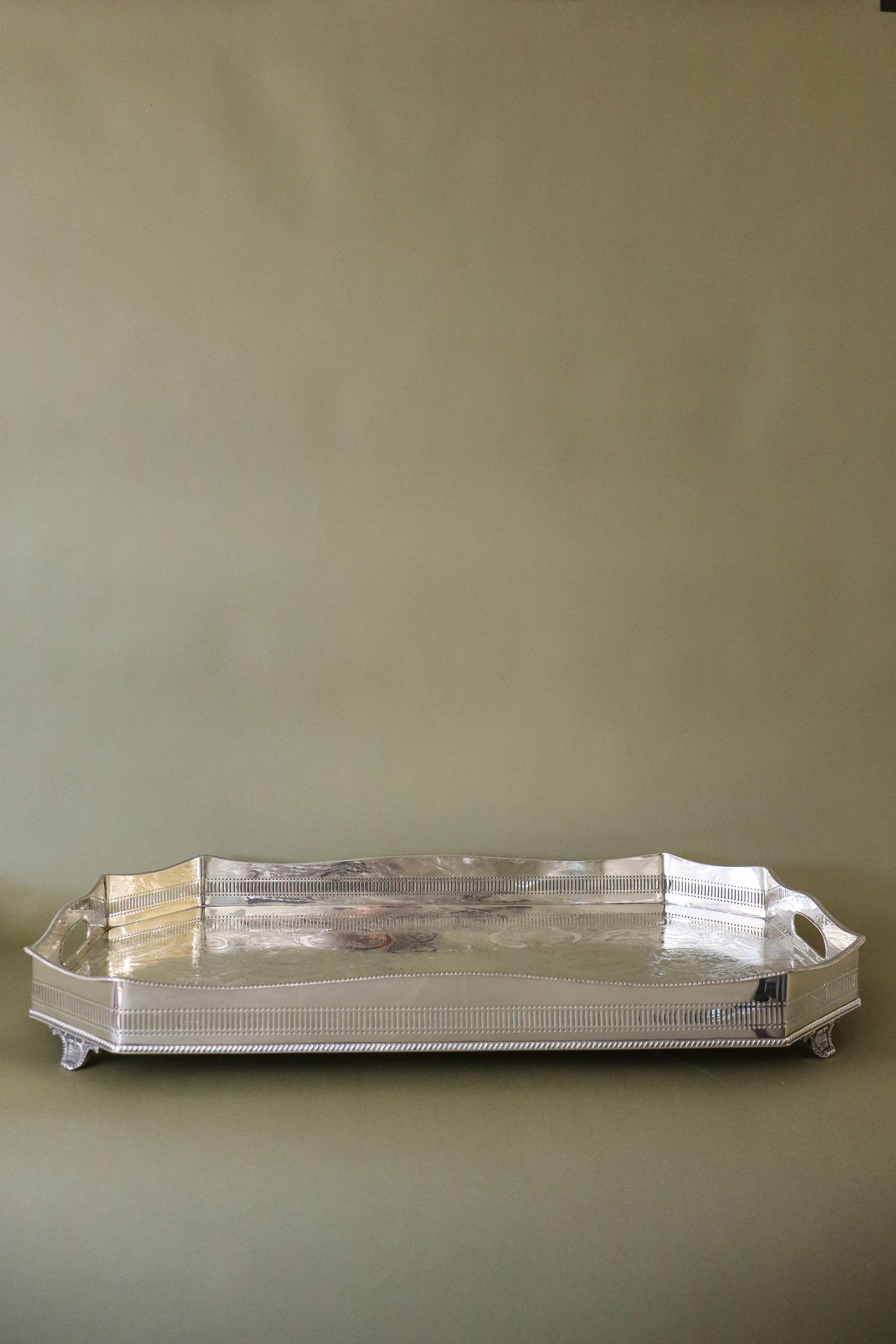 Large Beveled English Silver Tray with Feet + Floral Etching