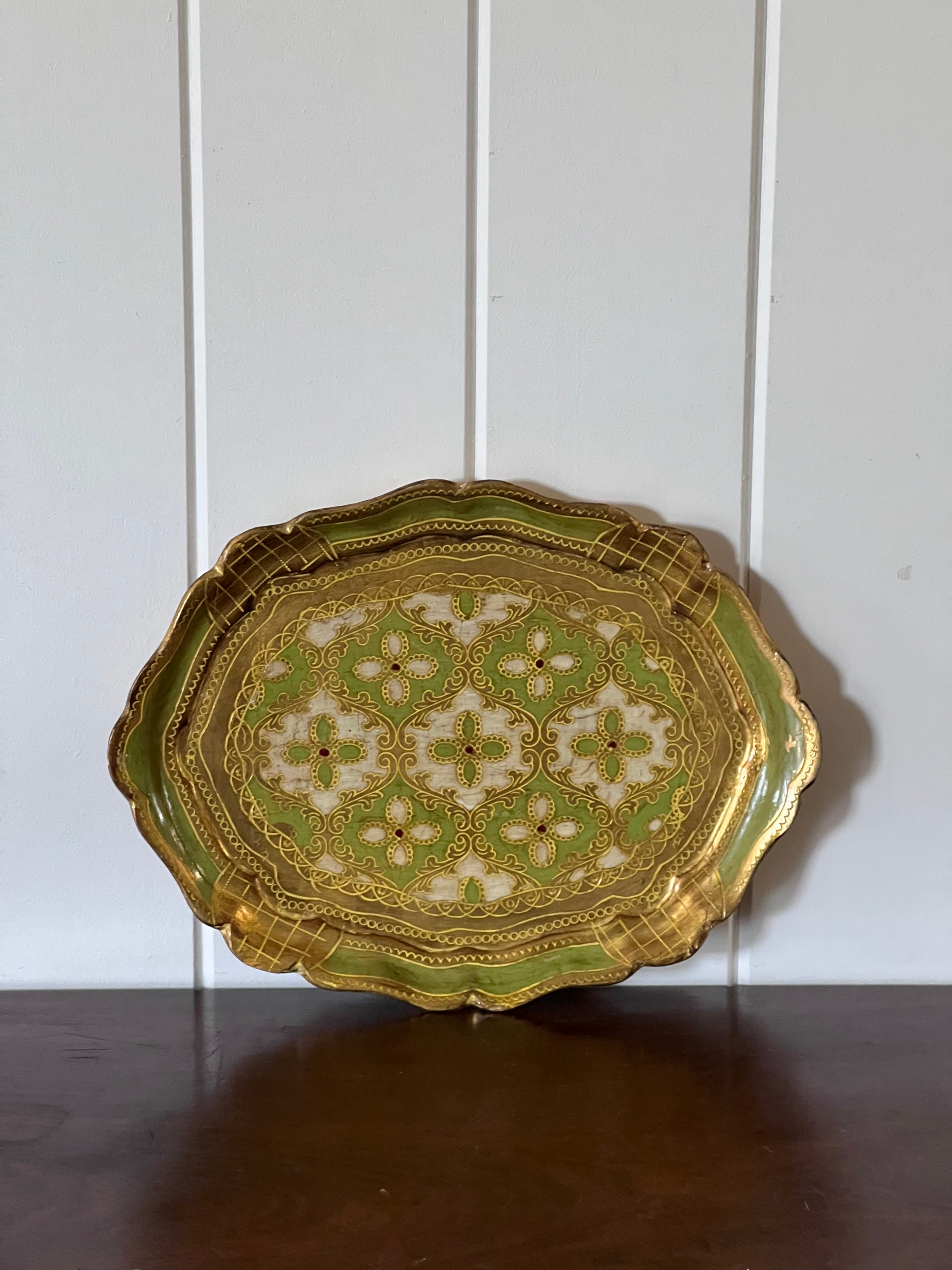 Medium Sized Florentine Tray with Light Green + Gold Coloring