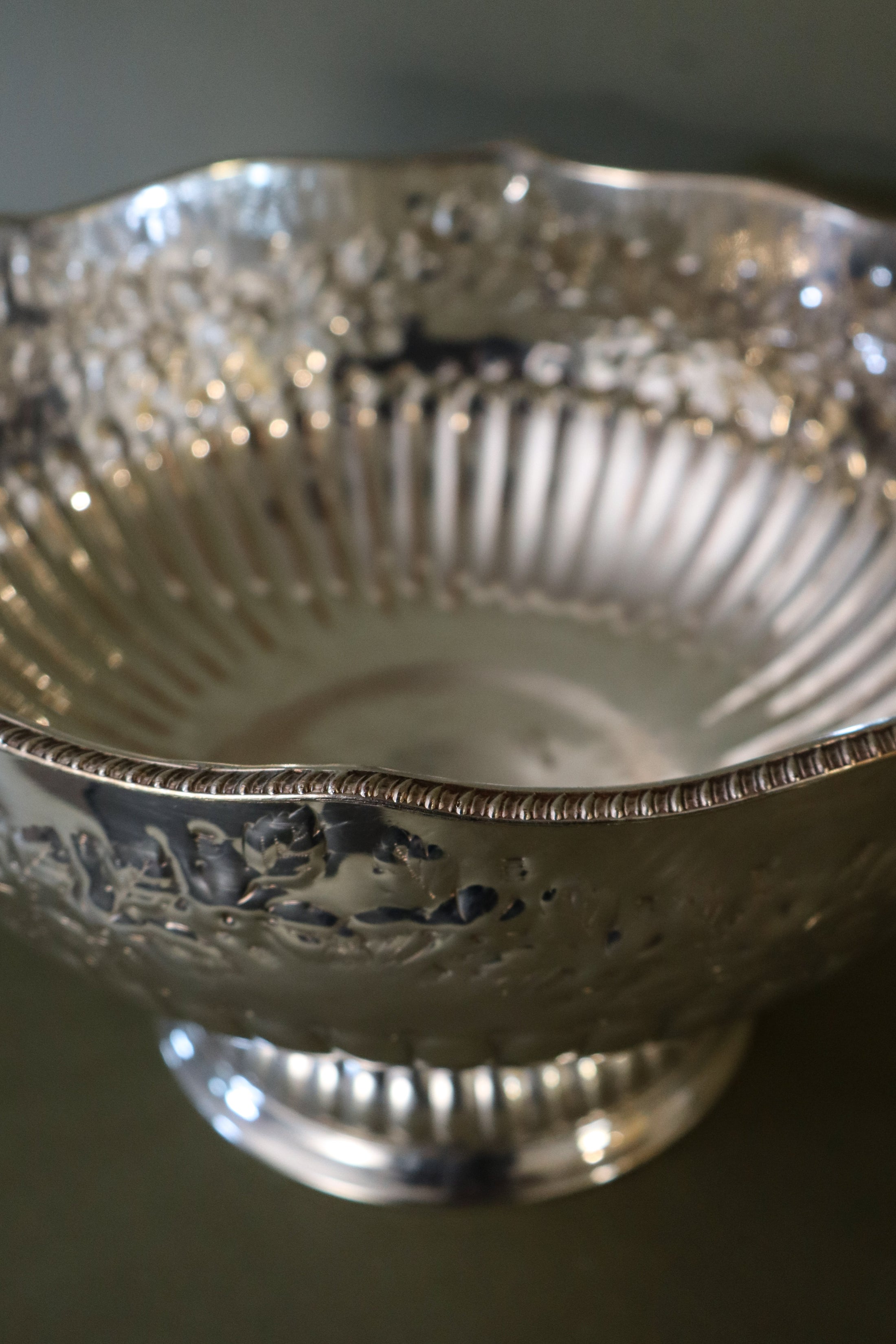 Large Antique English Silver Plate Punch Bowl with Lion Head Handles + Scalloped Rim (c. 1920)
