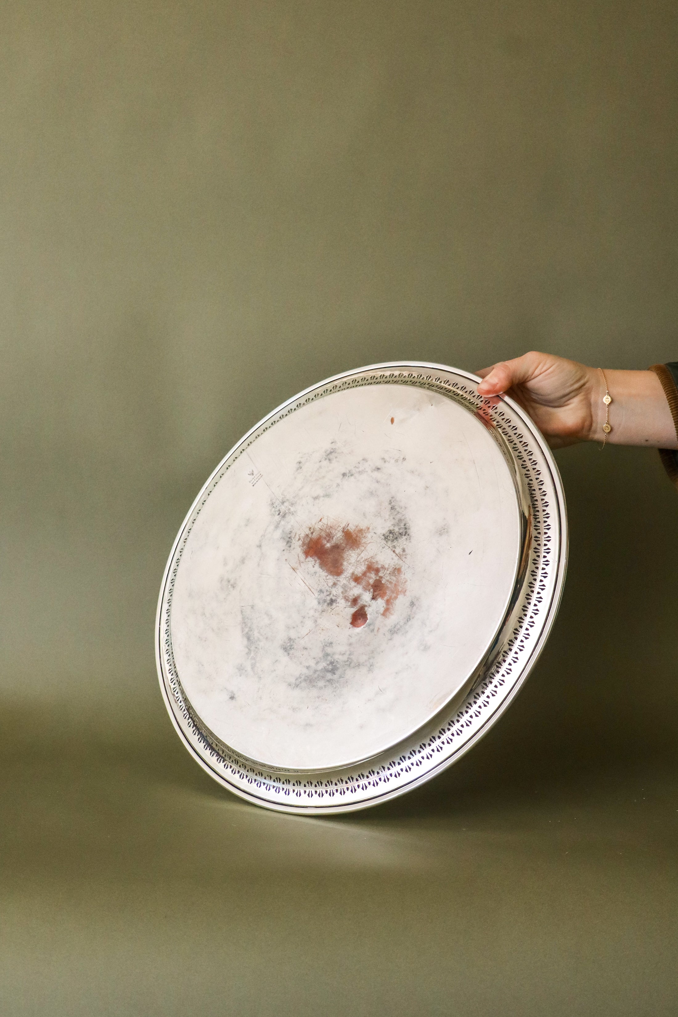 English Silver Plate on Copper Round 14.5”Tray with Pierced Rim