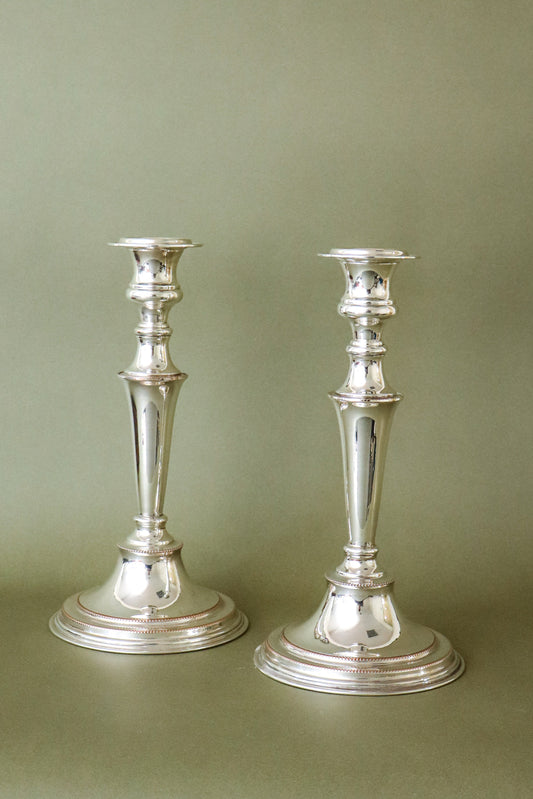 PAIR English Silver Plate on Copper 11”H Candlesticks