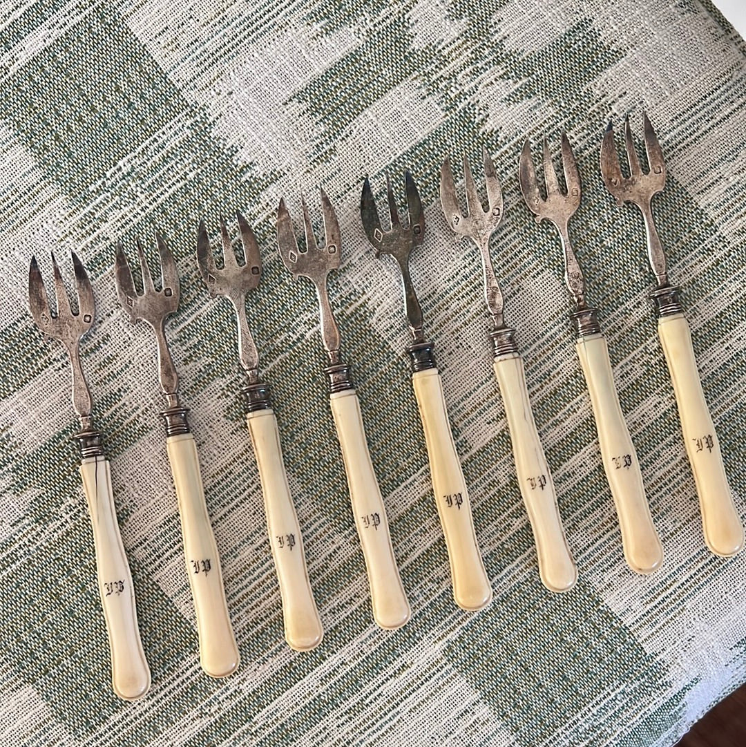 Antique French Sterling Silver + Bone Seafood Forks (Shrimp, Oyster) | SET of 8
