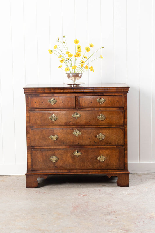George III English Burl Walnut Chest of Drawers with Overlay Drawers on Brackets (c. 1760-1820)