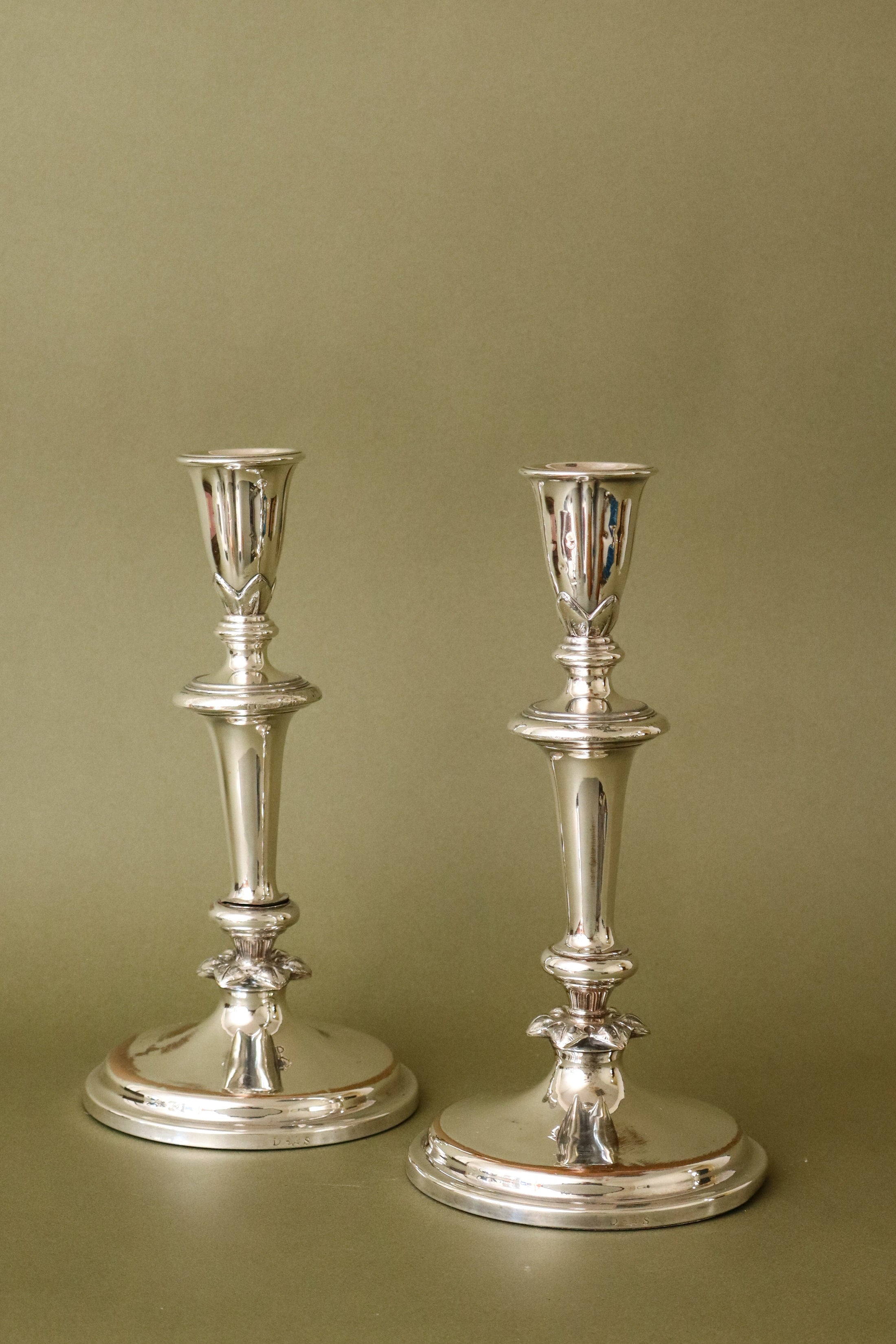 PAIR Antique English Silver Plate on Copper Candlesticks