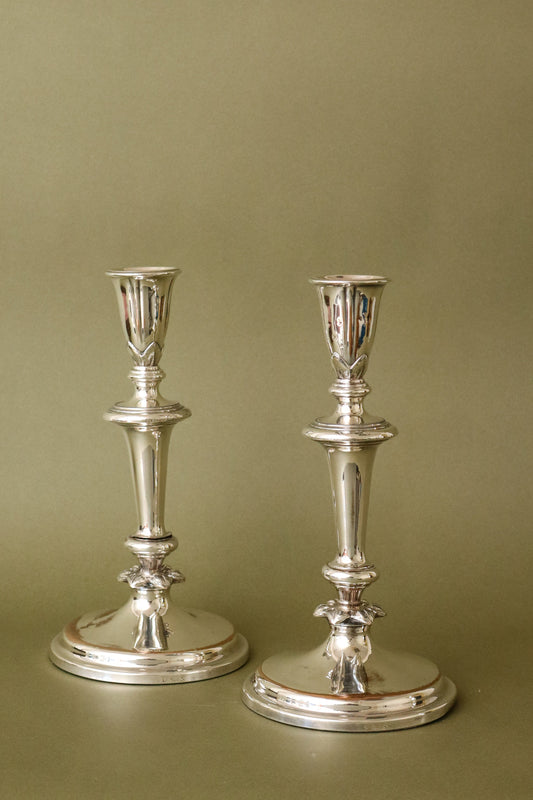 PAIR Antique English Silver Plate on Copper Candlesticks
