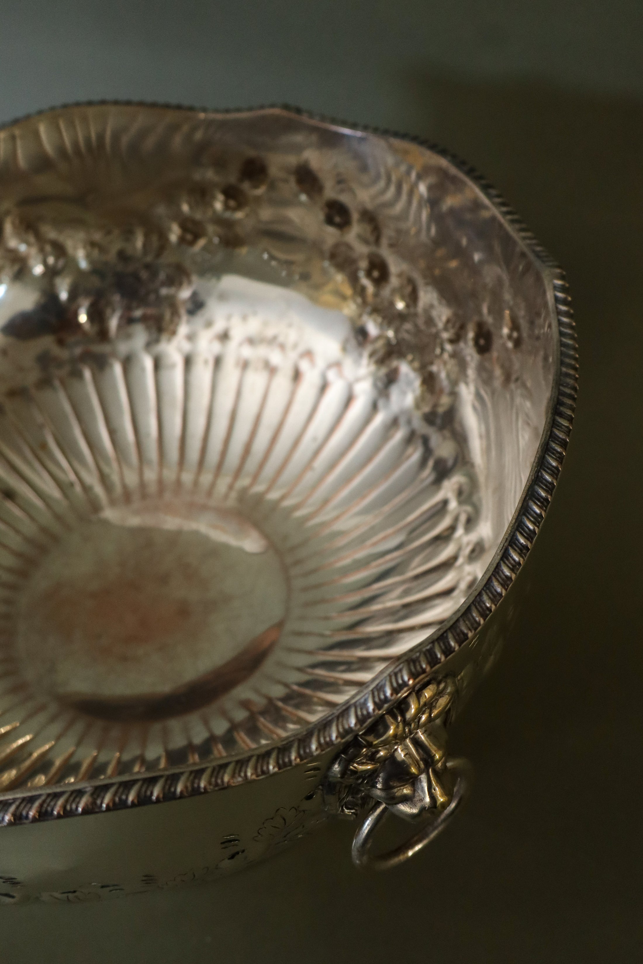 Large Antique English Silver Plate Punch Bowl with Lion Head Handles + Scalloped Rim (c. 1920)
