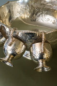 Load image into Gallery viewer, Silver Plate Punch Bowl with Scalloped Edge + Lion Head Pulls | includes 4 Cups | by Pinder Brothers England
