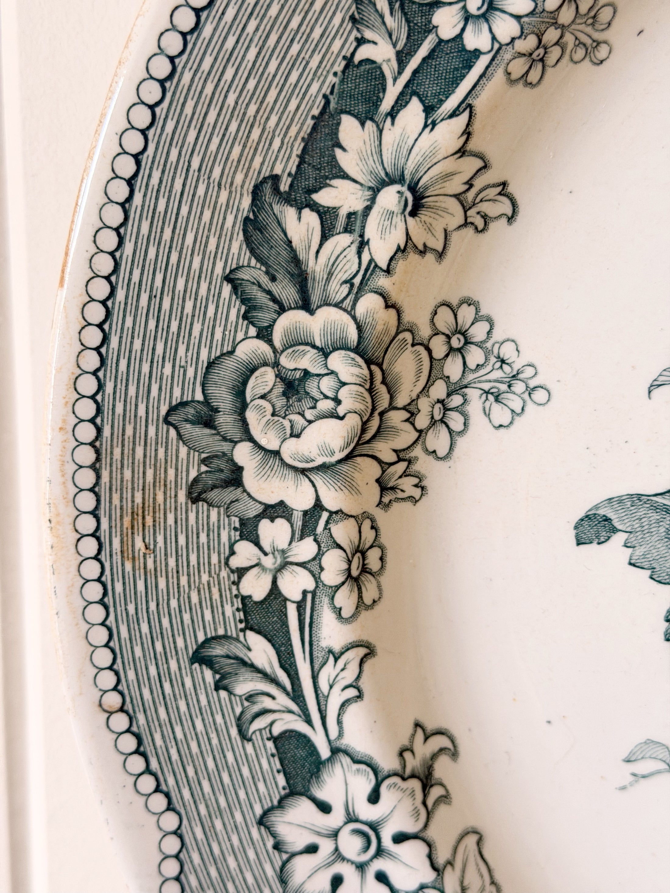 19th Century Large Green Transferware Platter (England; c. 1850)