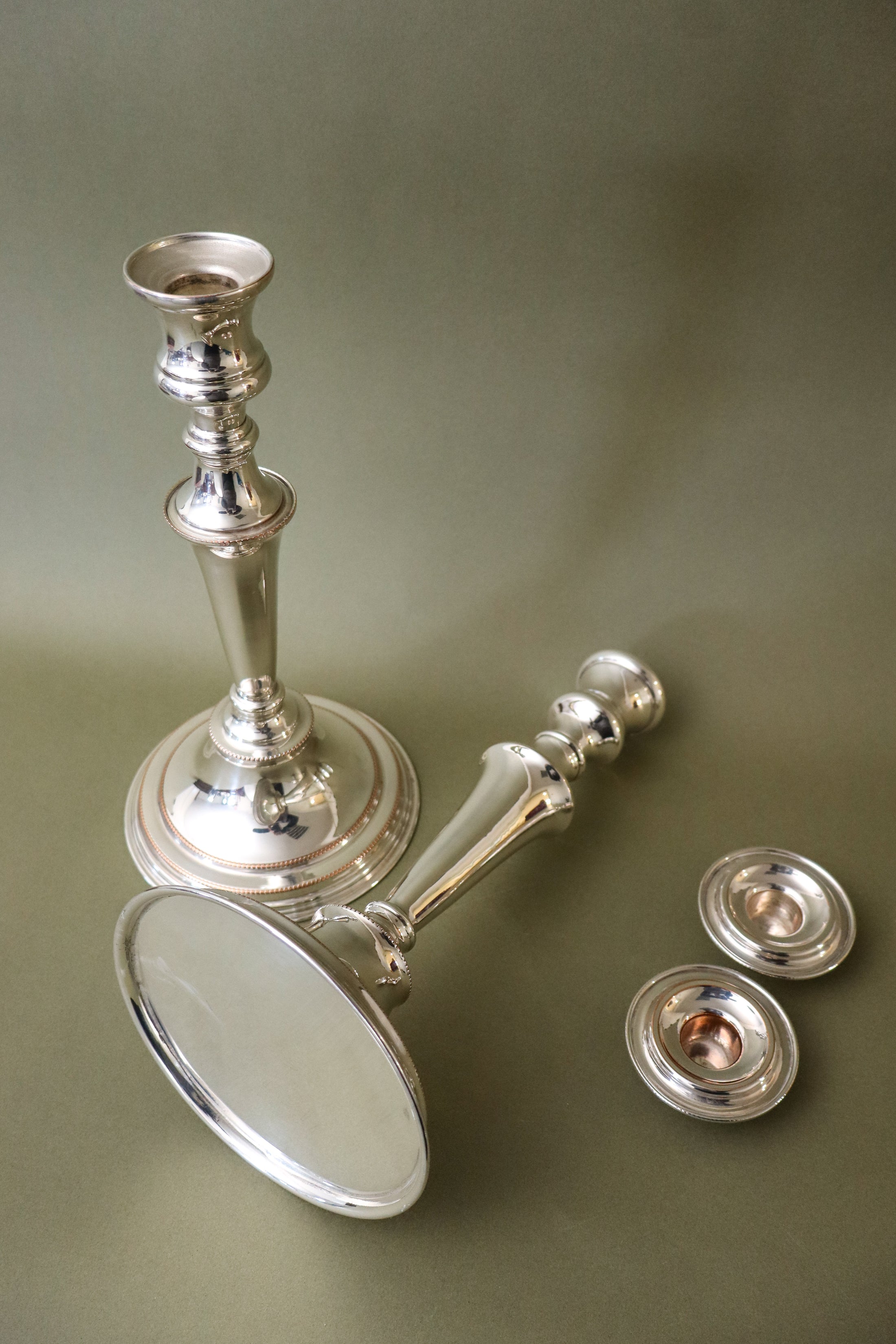 PAIR English Silver Plate on Copper 11”H Candlesticks