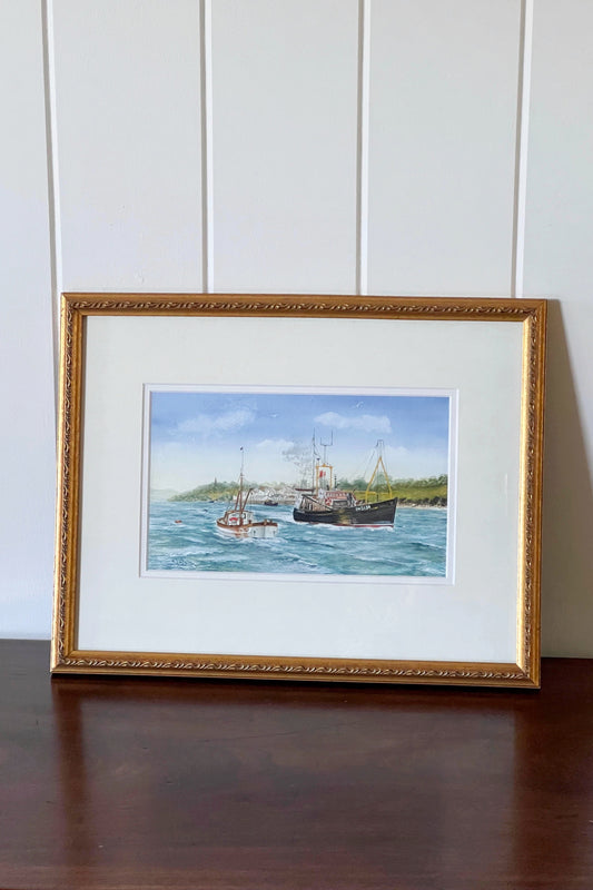 Signed A.J. Watts Marine View of Boats Watercolor