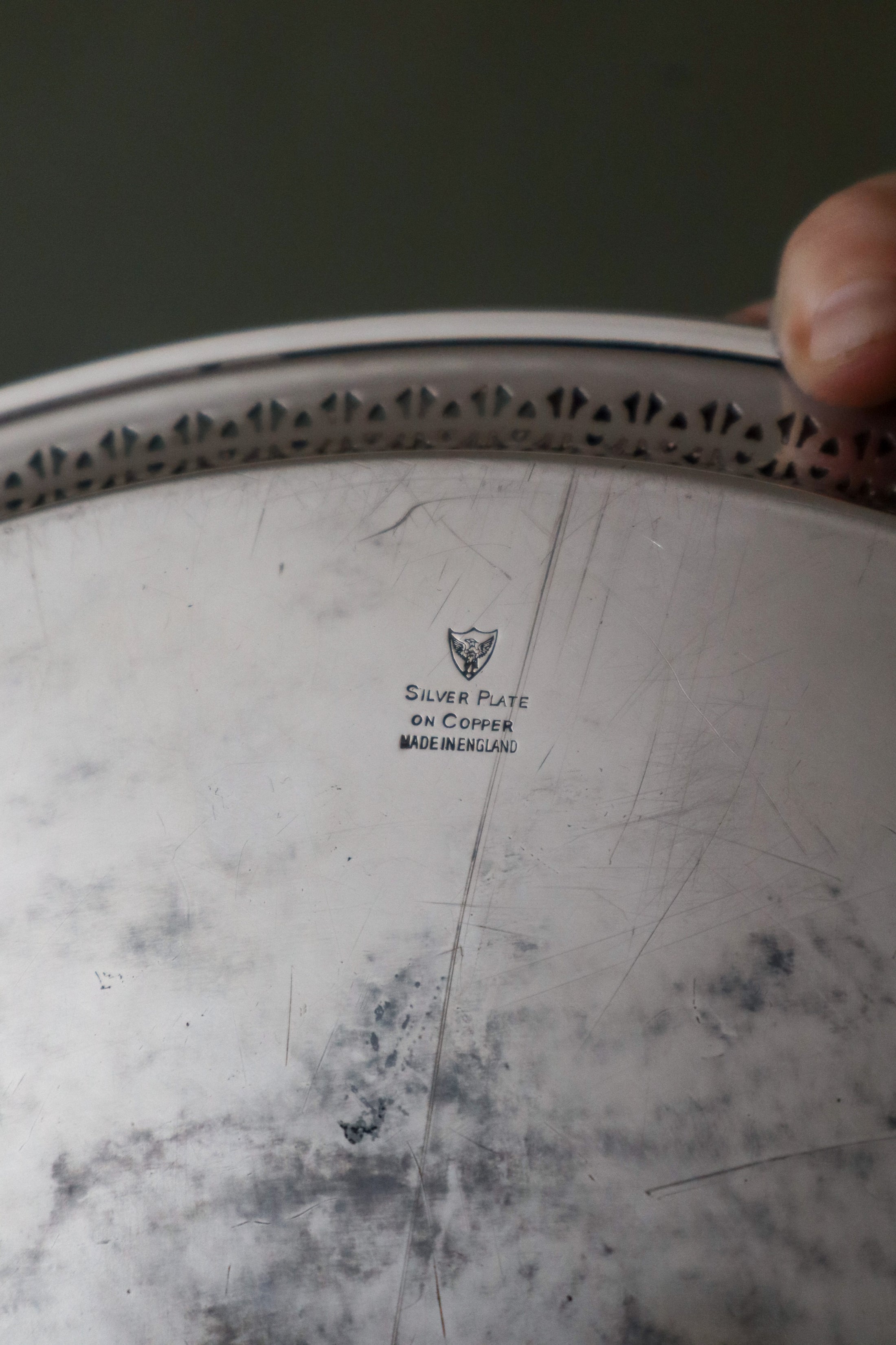 English Silver Plate on Copper Round 14.5”Tray with Pierced Rim