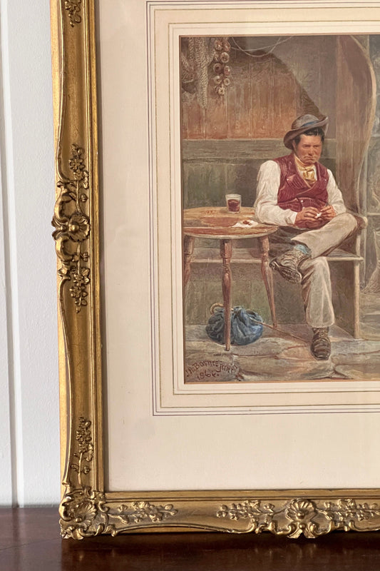 Signed Watercolor 'Gentleman in a Pub' Portrait in Gilt Wood Frame by Joseph H. Barnes (British, 1867-1887)
