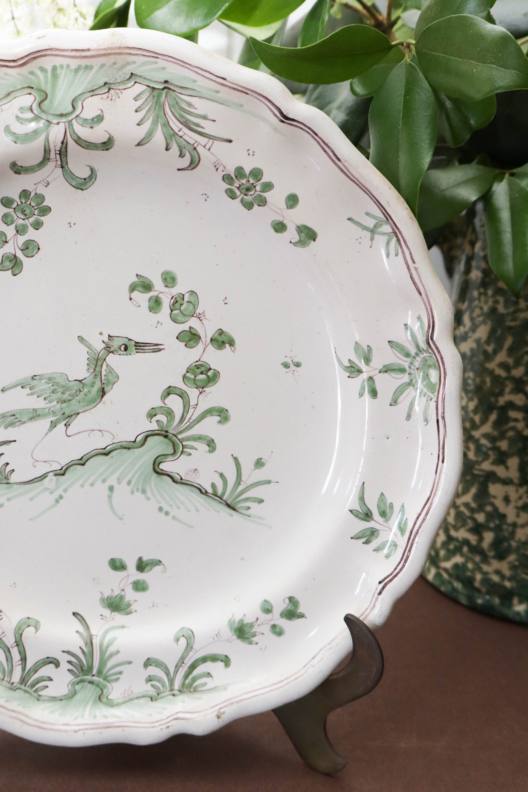 18th Century French Moustiers Green Plate with Bird