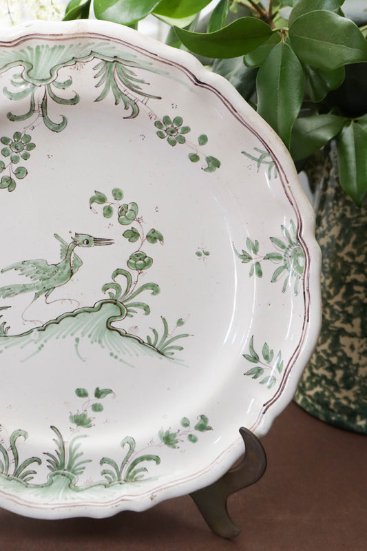 18th Century French Moustiers Green Plate with Bird