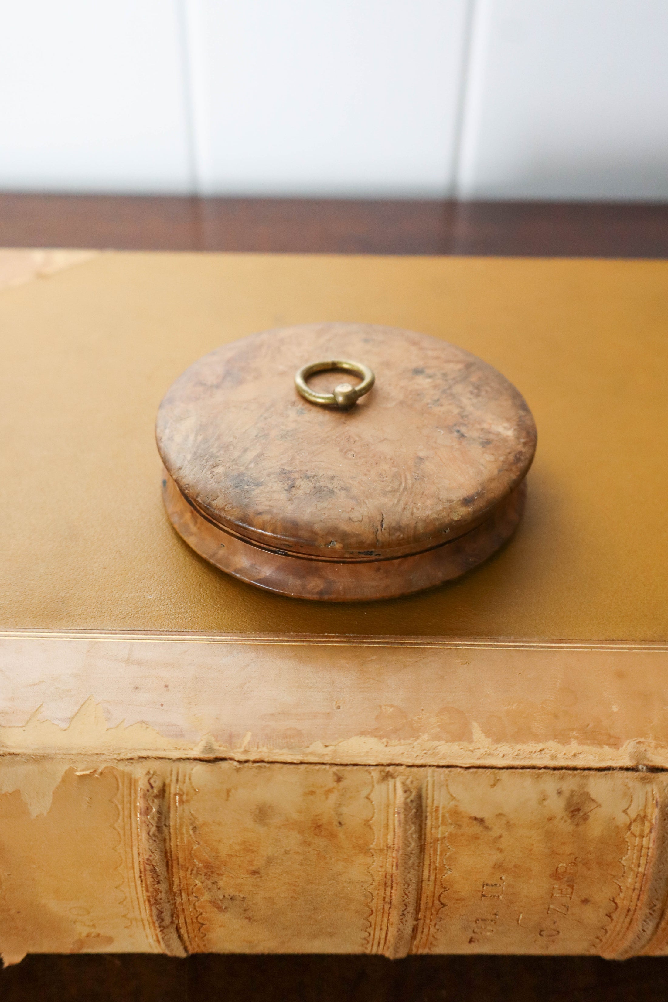 Petite Antique Round Lidded Burl Wood Box