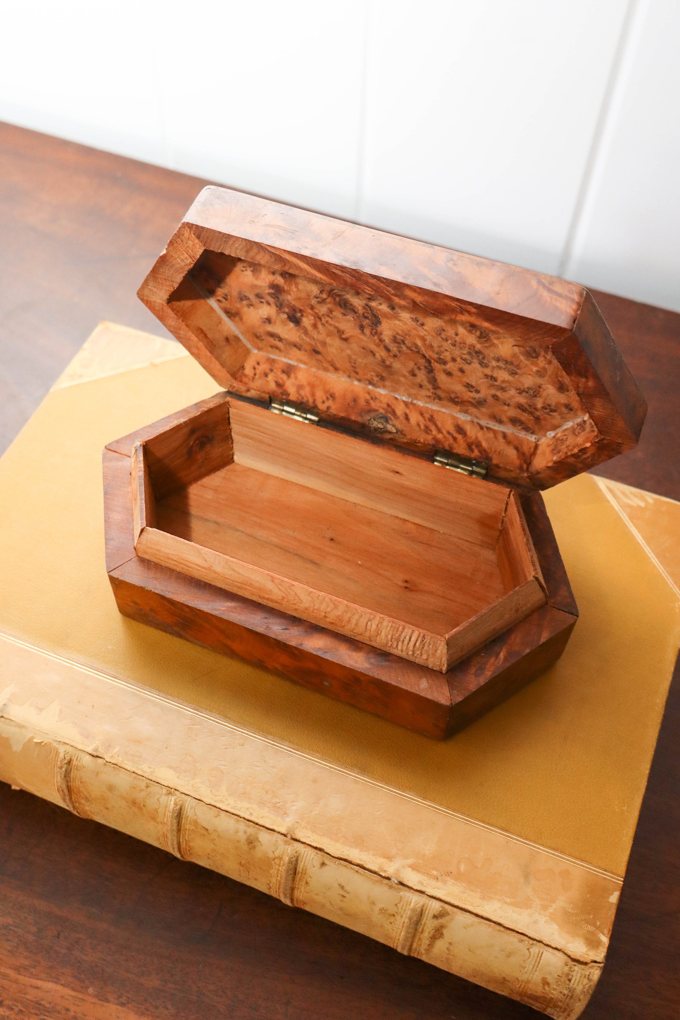 Unique Elongated Octagon Lidded Burl Box