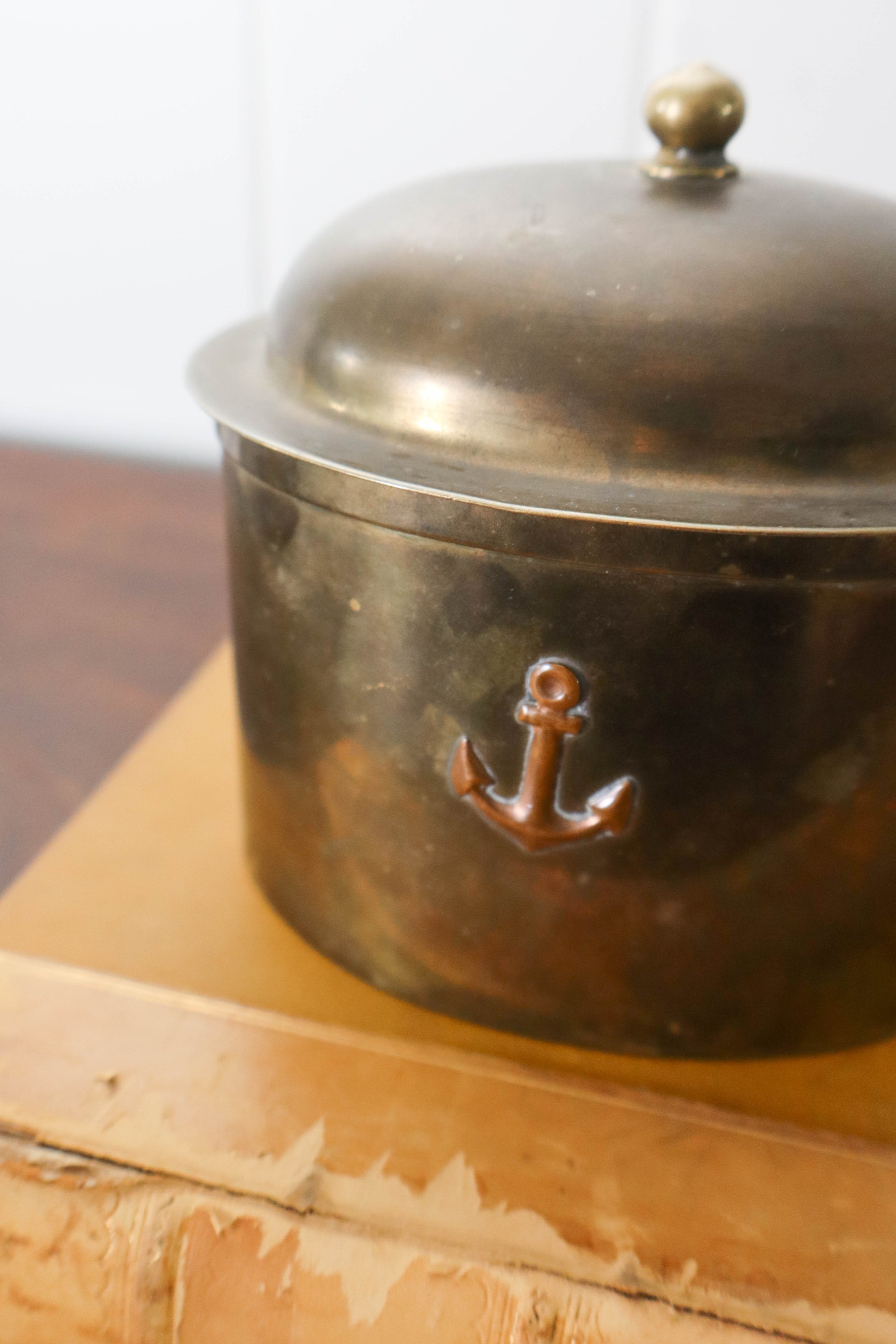 Vintage Lidded Brass Box with Anchor