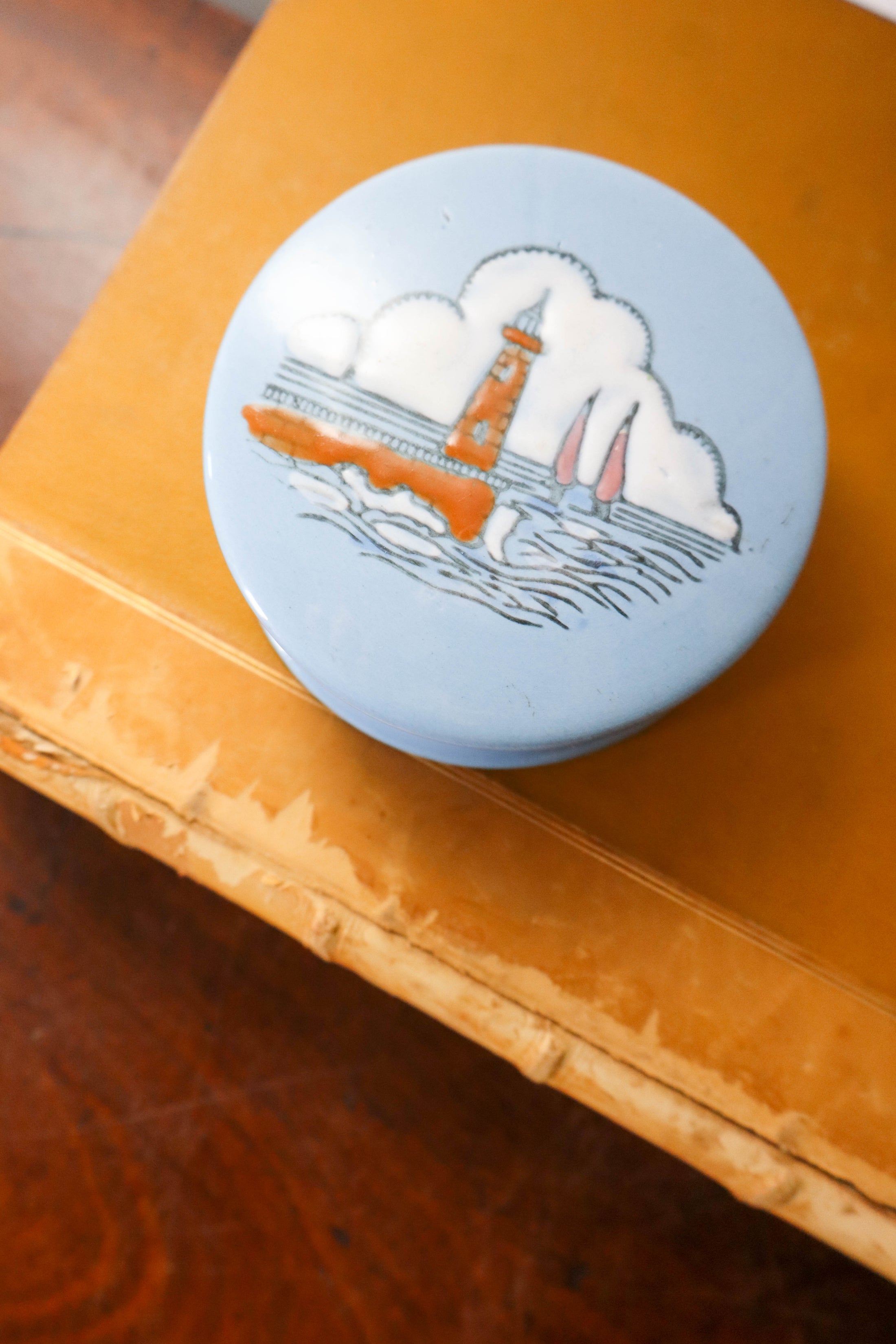 Vintage Blue Ceramic Lidded Dish with Lighthouse + Boats