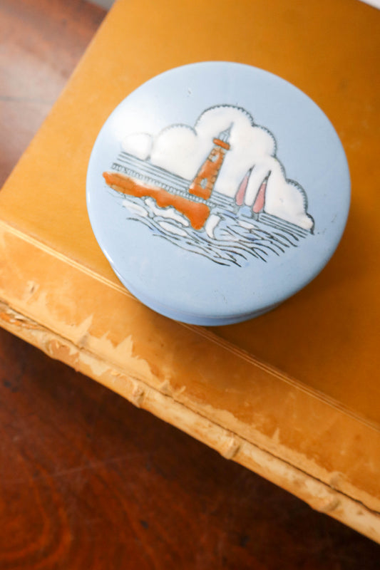 Vintage Blue Ceramic Lidded Dish with Lighthouse + Boats