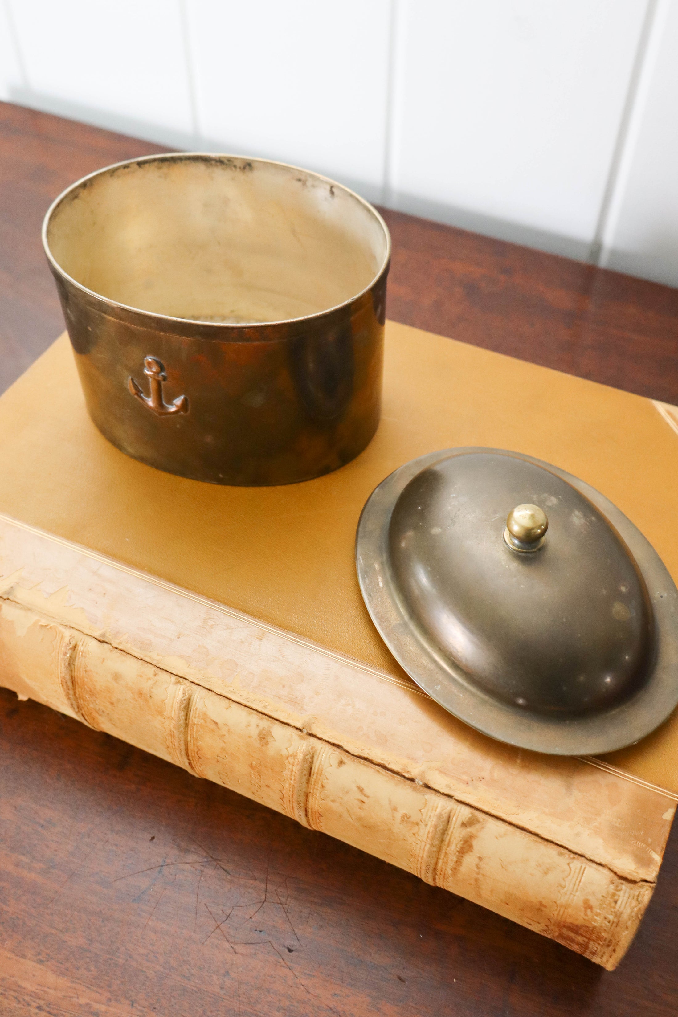 Vintage Lidded Brass Box with Anchor