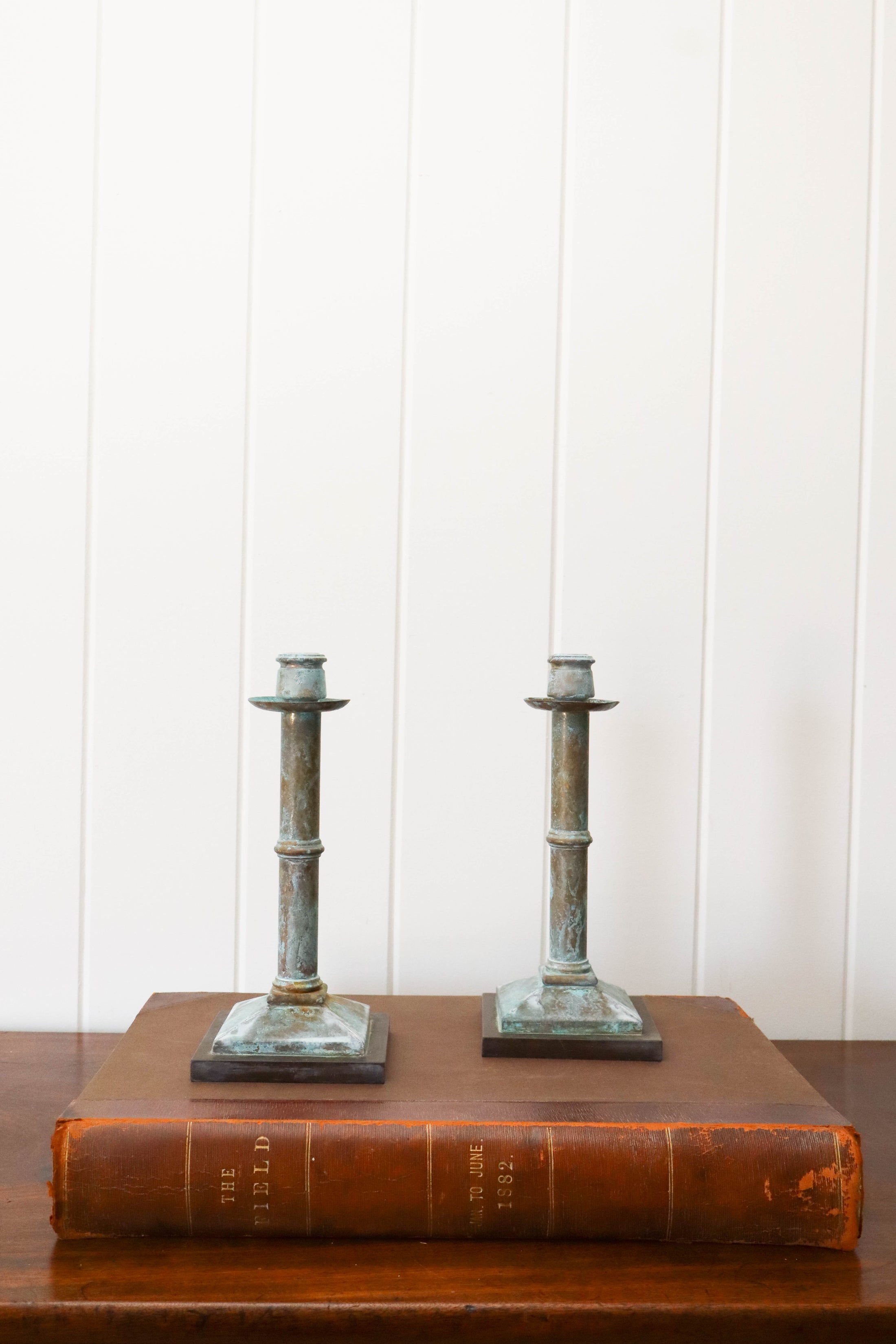 Pair Verdigris Metal Candlesticks