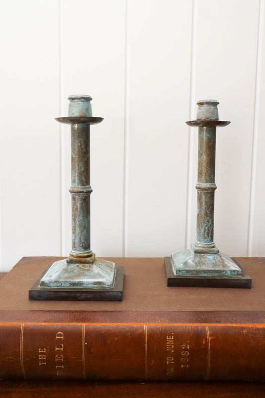 Pair Verdigris Metal Candlesticks