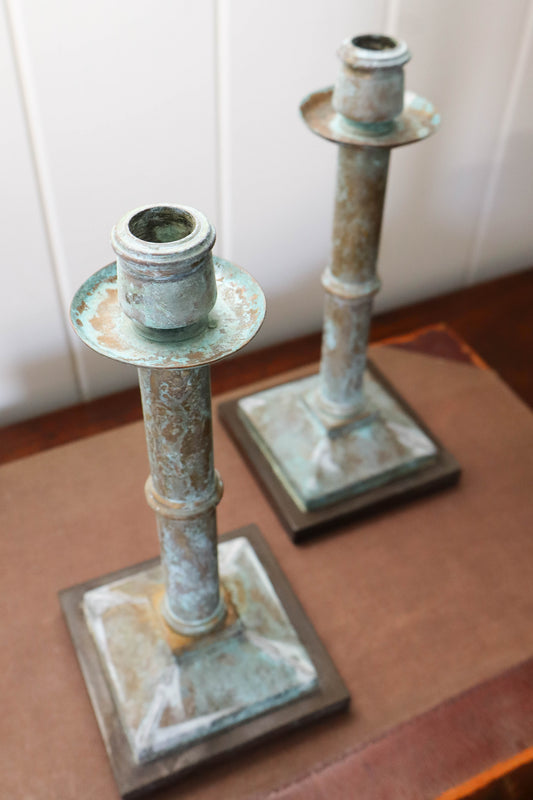 Pair Verdigris Metal Candlesticks