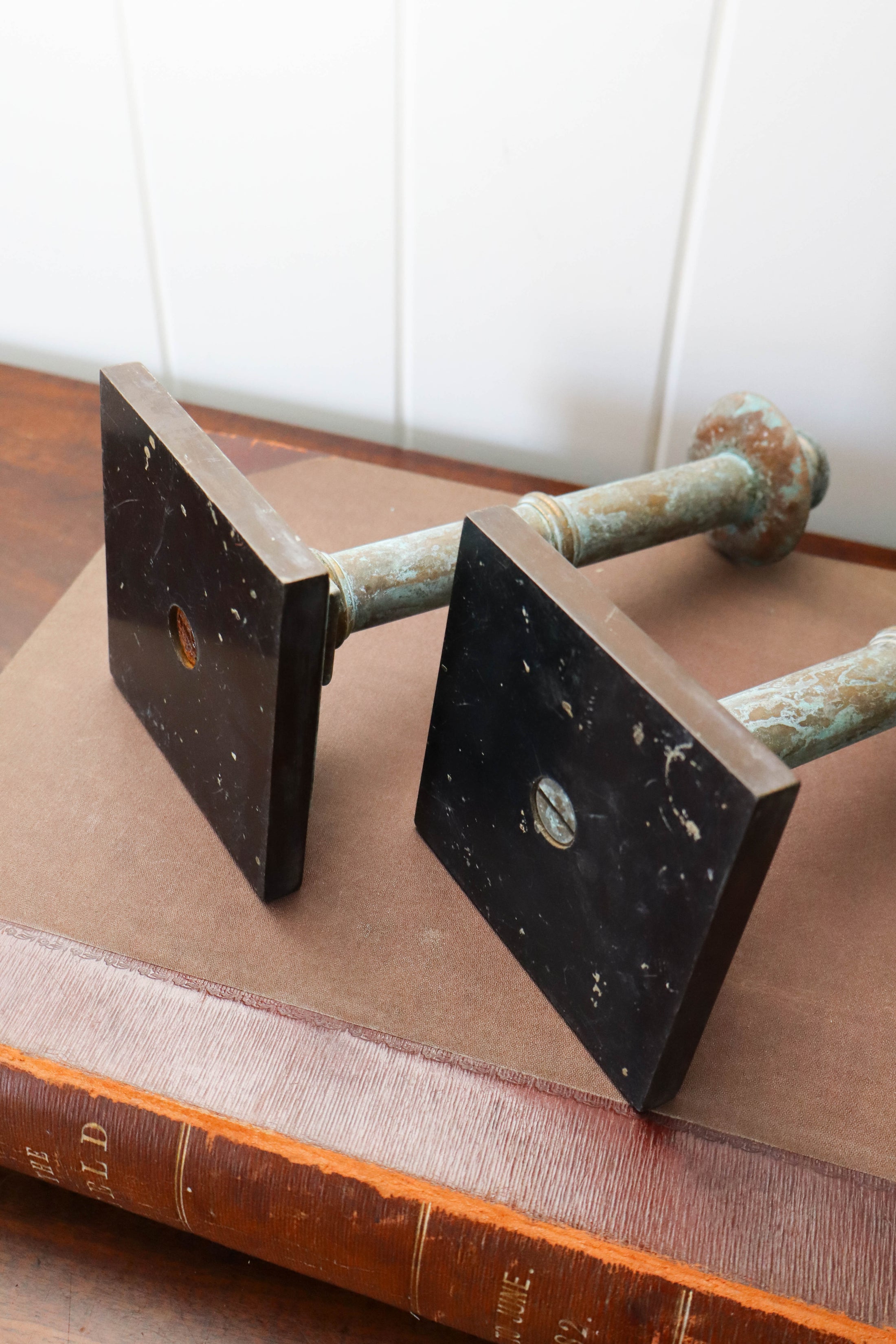 Pair Verdigris Metal Candlesticks