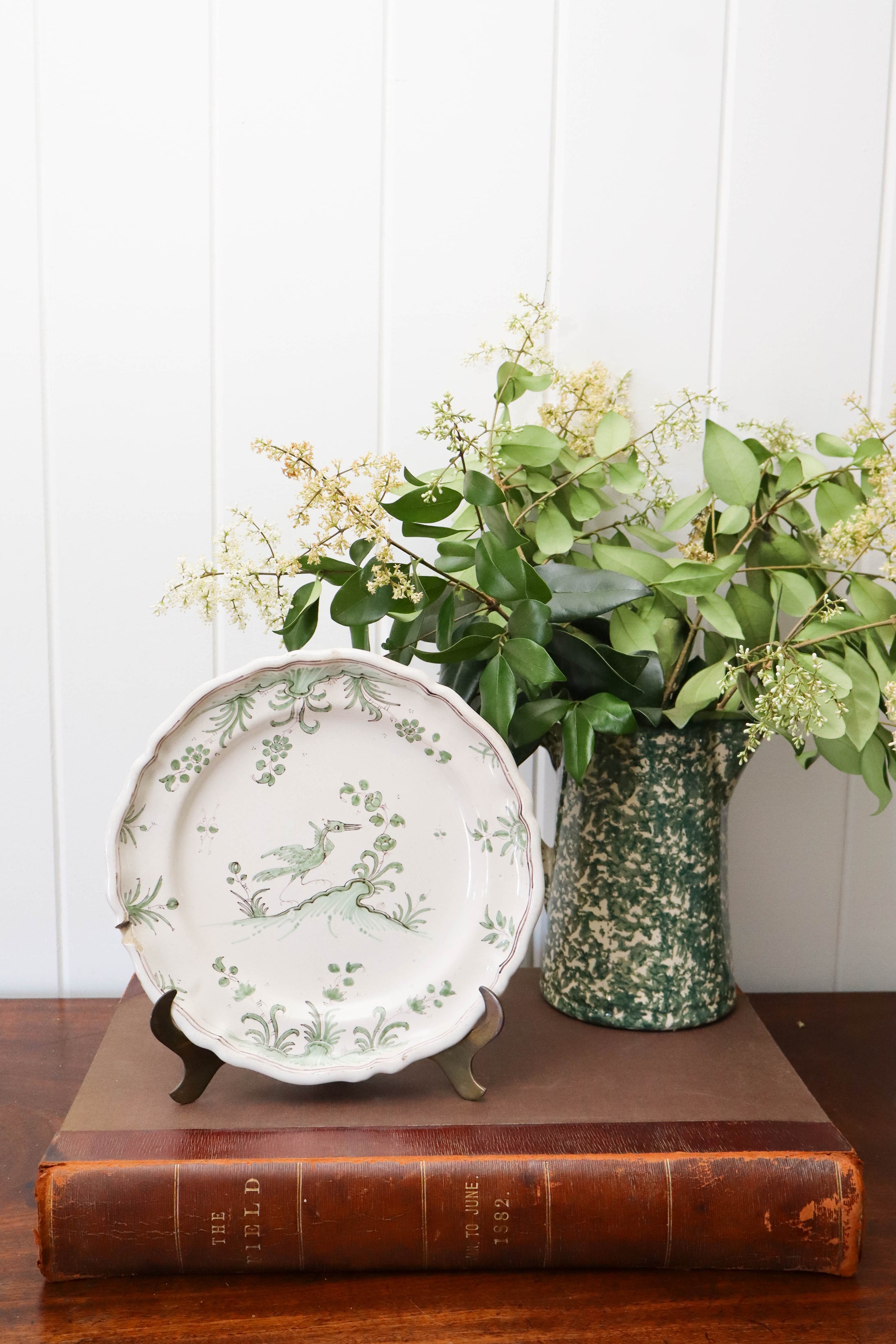 18th Century French Moustiers Green Plate with Bird