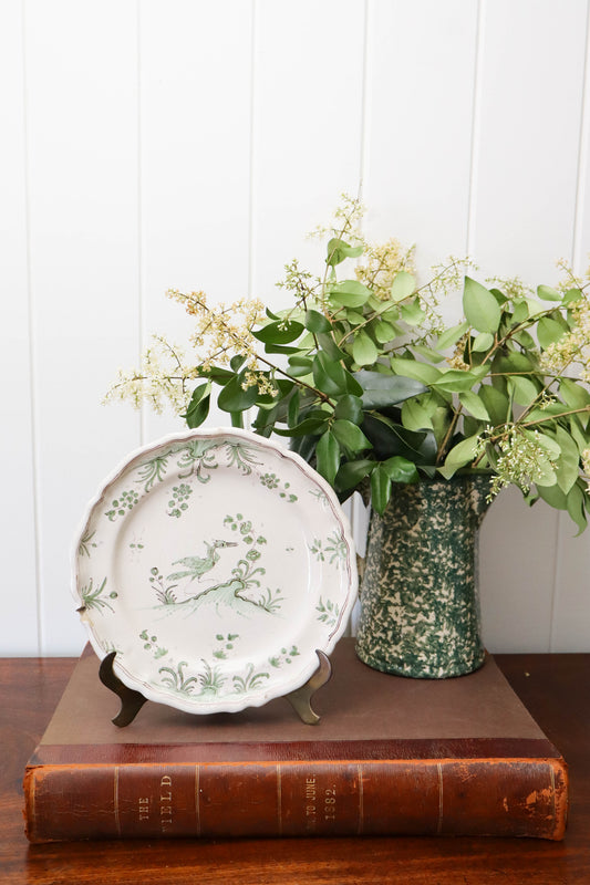 18th Century French Moustiers Green Plate with Bird