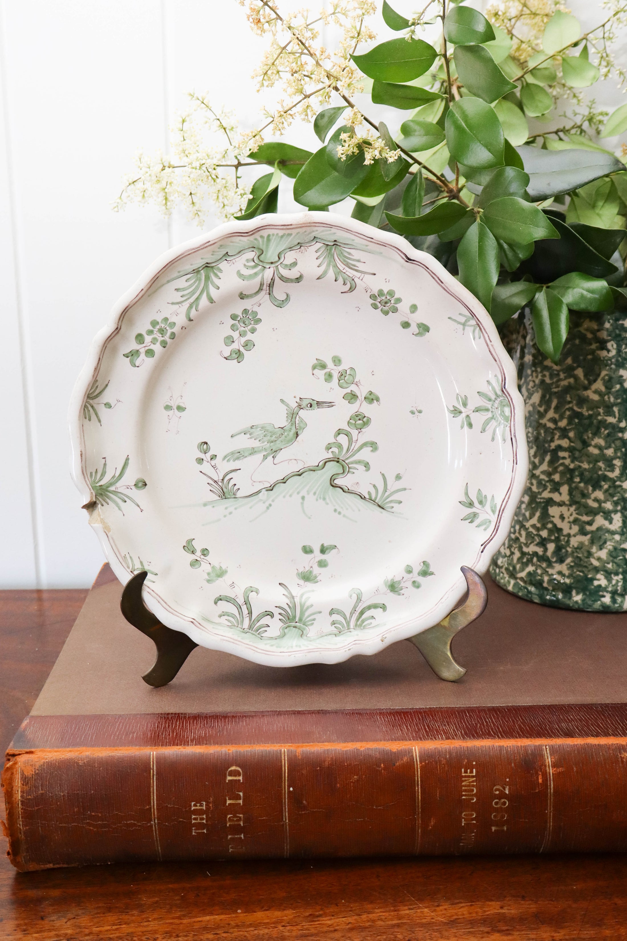 18th Century French Moustiers Green Plate with Bird