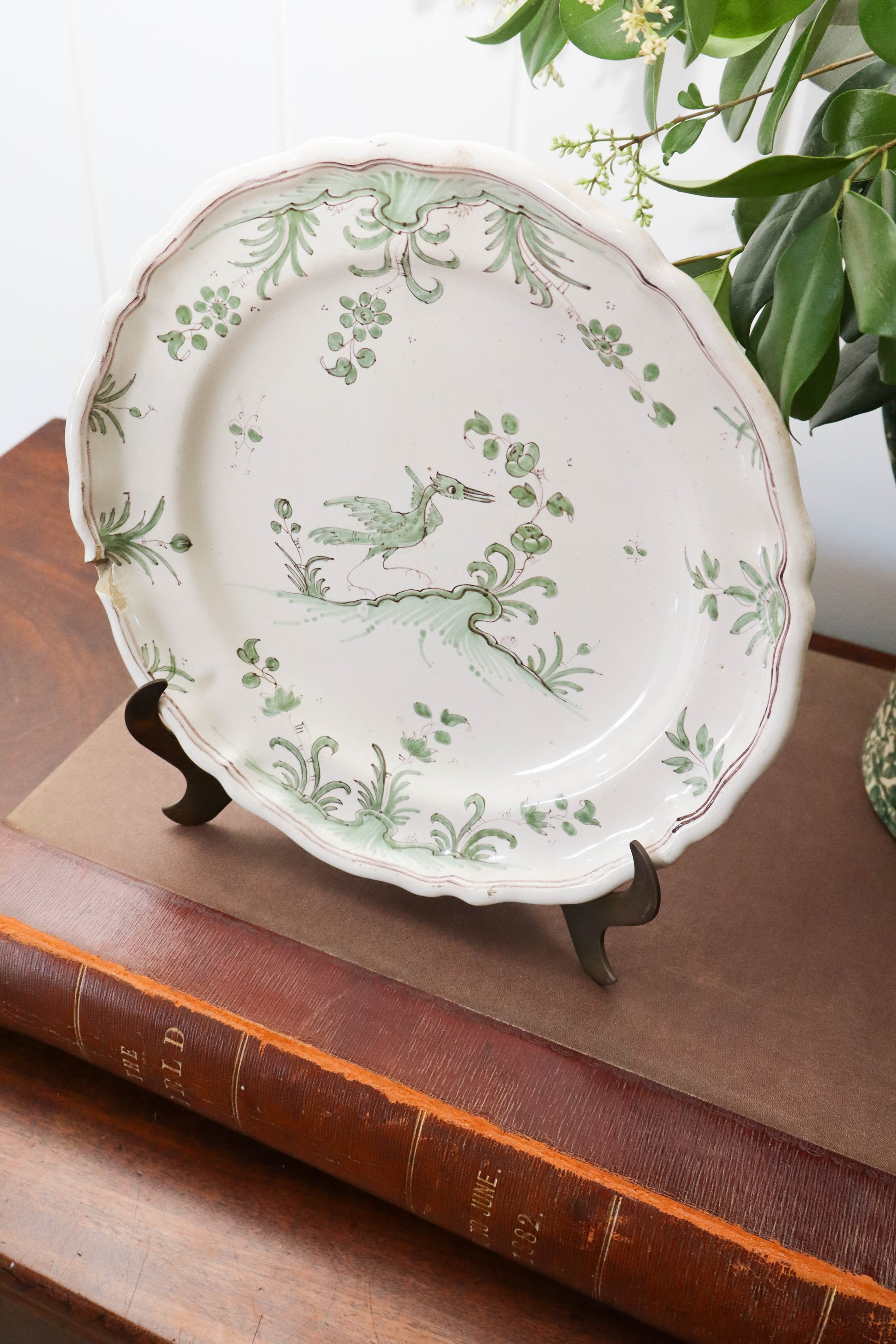 18th Century French Moustiers Green Plate with Bird