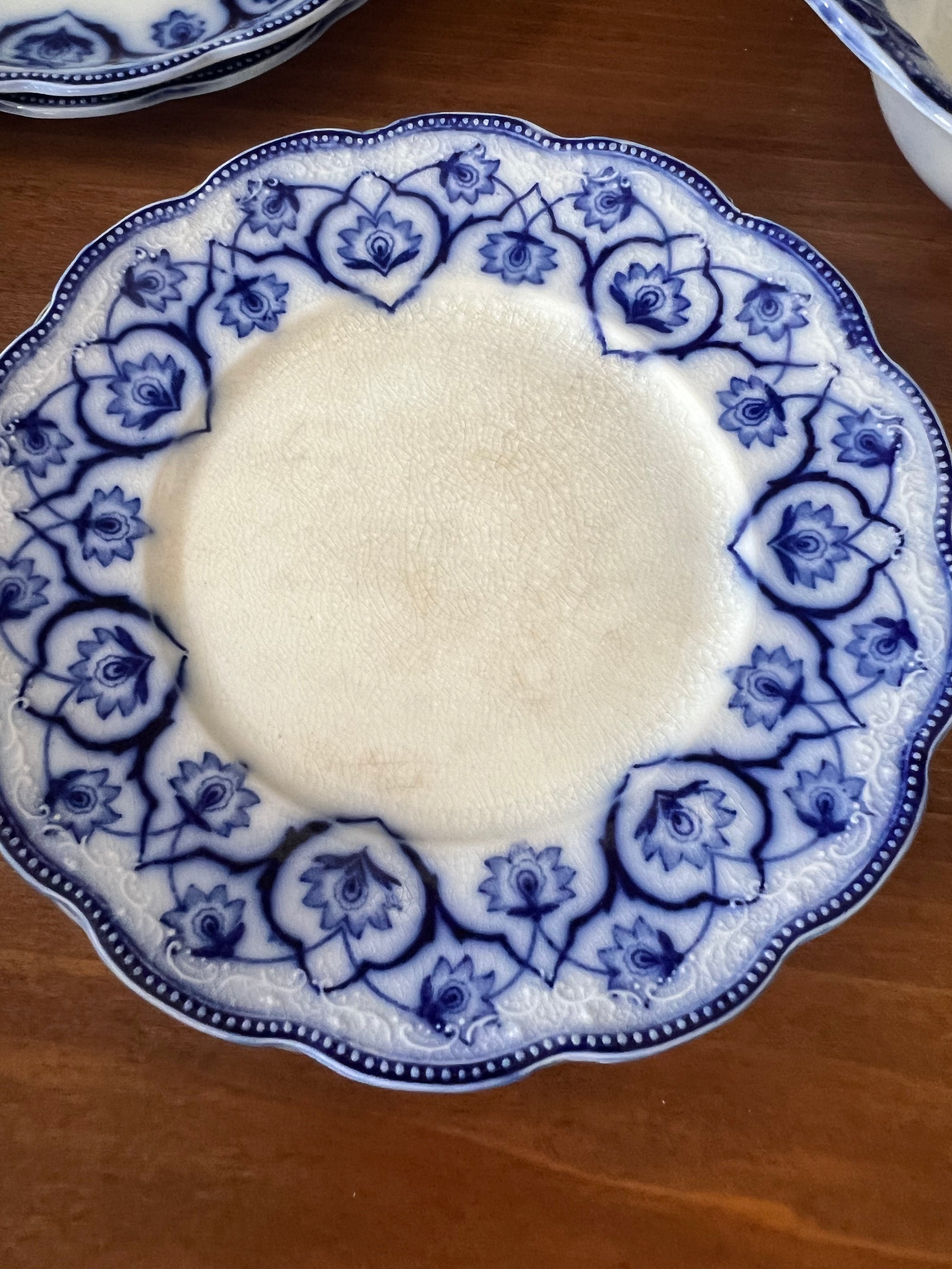 (SET of 4) Grindley Antique Blue Flow Transferware 7” Side Plates (19th century) | as is