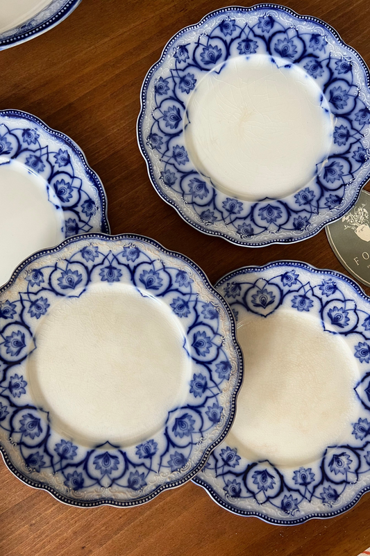 (SET of 4) Grindley Antique Blue Flow Transferware 7” Side Plates (19th century) | as is