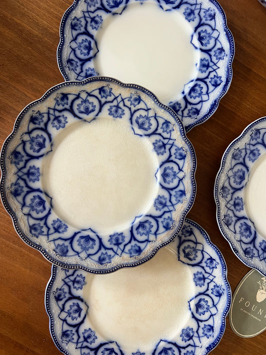 (SET of 4) Grindley Antique Blue Flow Transferware 7” Side Plates (19th century) | as is