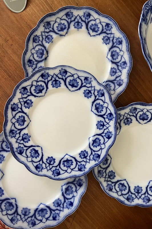(SET of 4) Grindley Antique Blue Flow Transferware 9” Dinner Plates c. 19th century