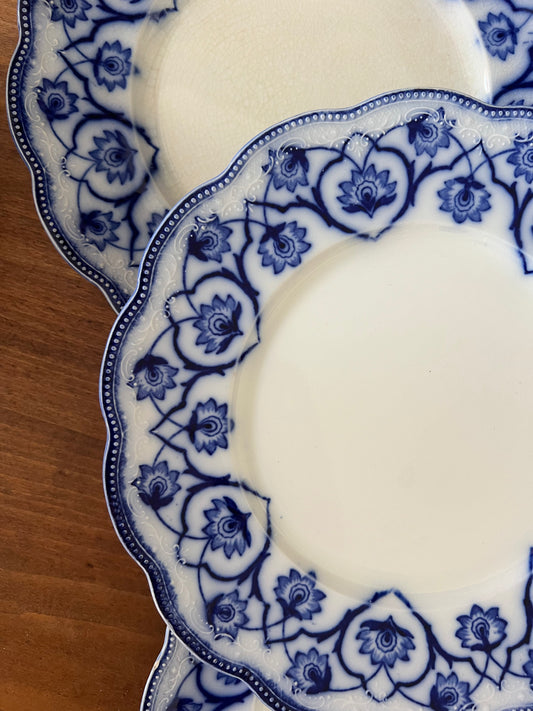 (SET of 4) Grindley Antique Blue Flow Transferware 9” Dinner Plates c. 19th century