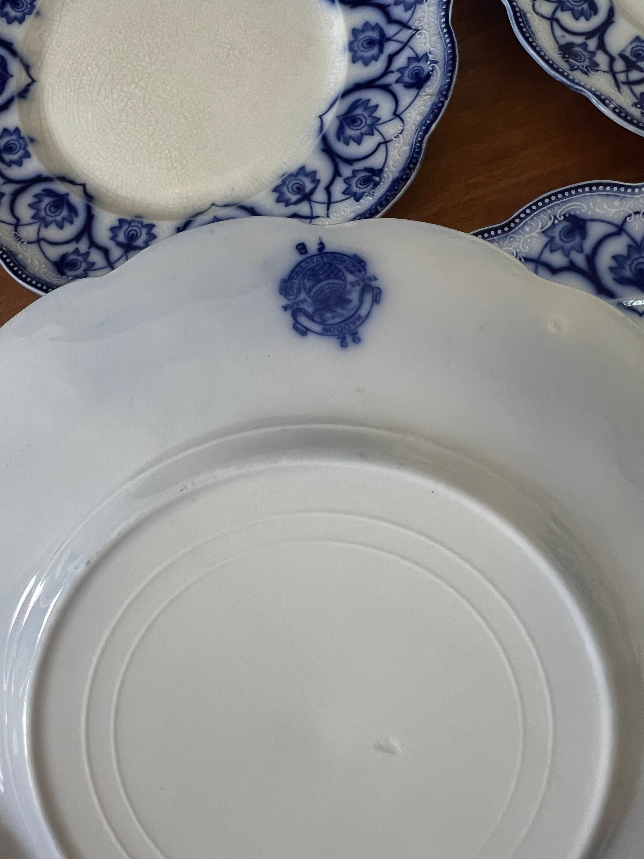 (SET of 4) Grindley Antique Blue Flow Transferware 9” Dinner Plates c. 19th century