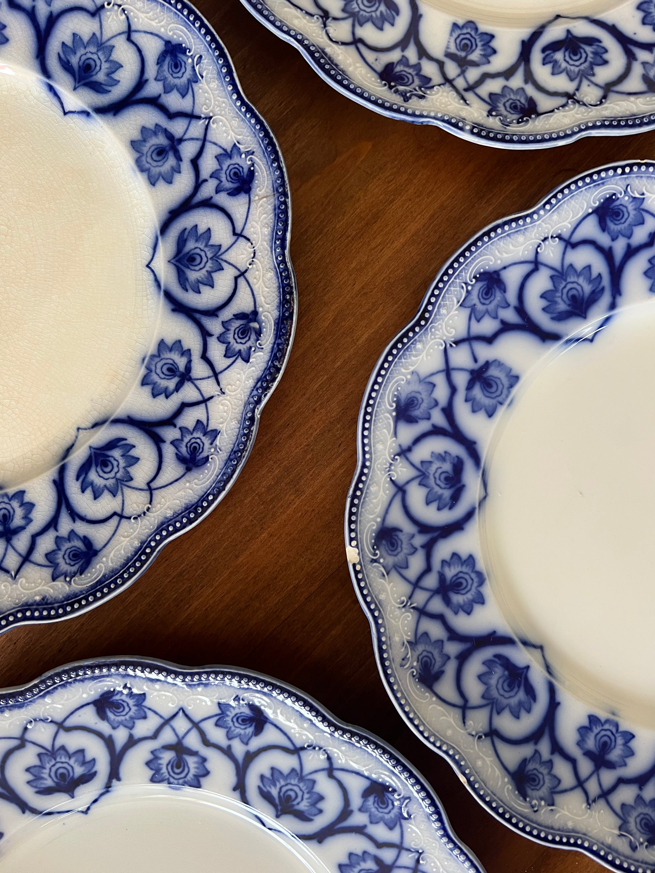 (SET of 4) Grindley Antique Blue Flow Transferware 9” Dinner Plates c. 19th century