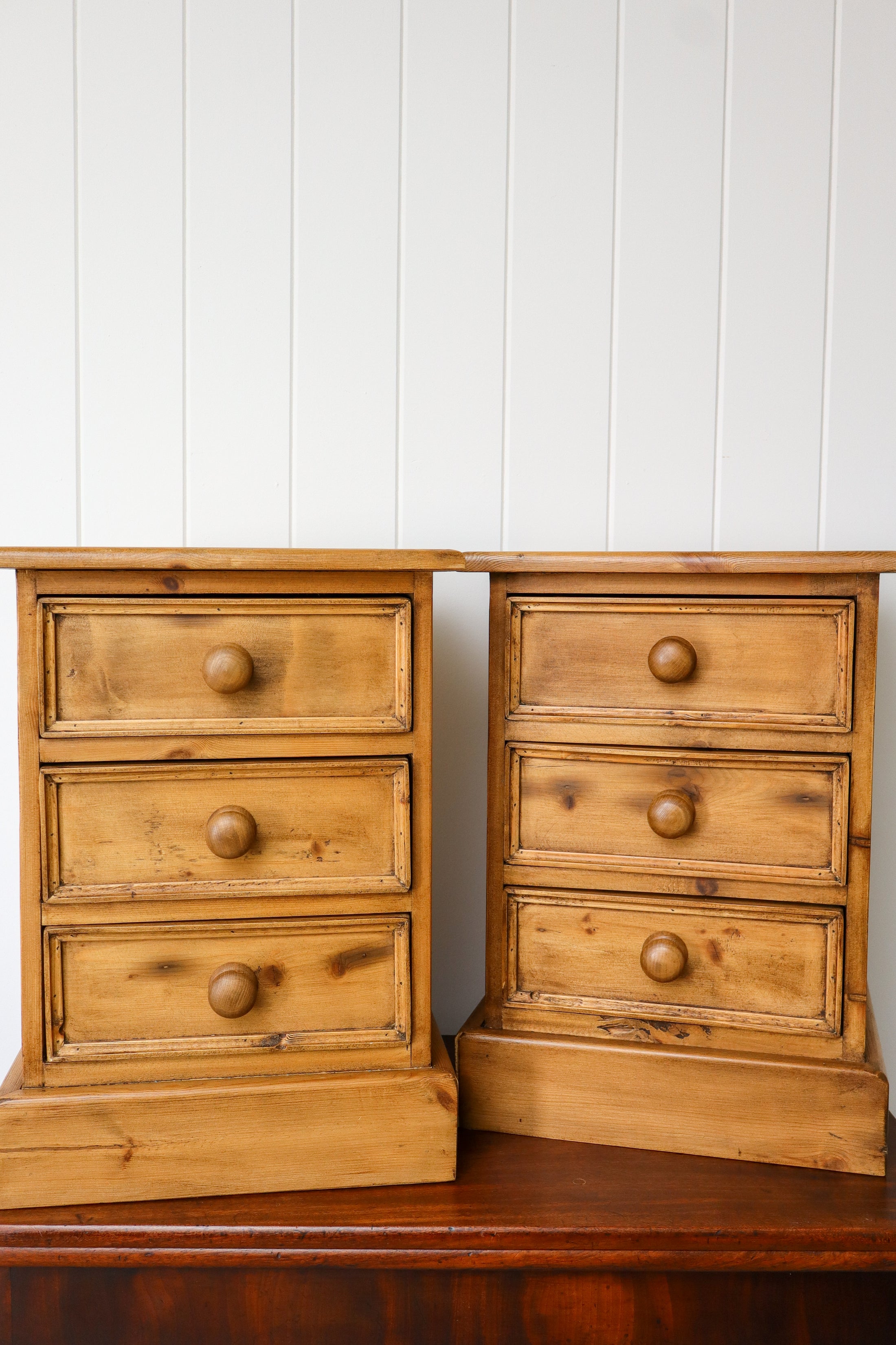 PAIR English Pine 3 Drawer Bedside Chests