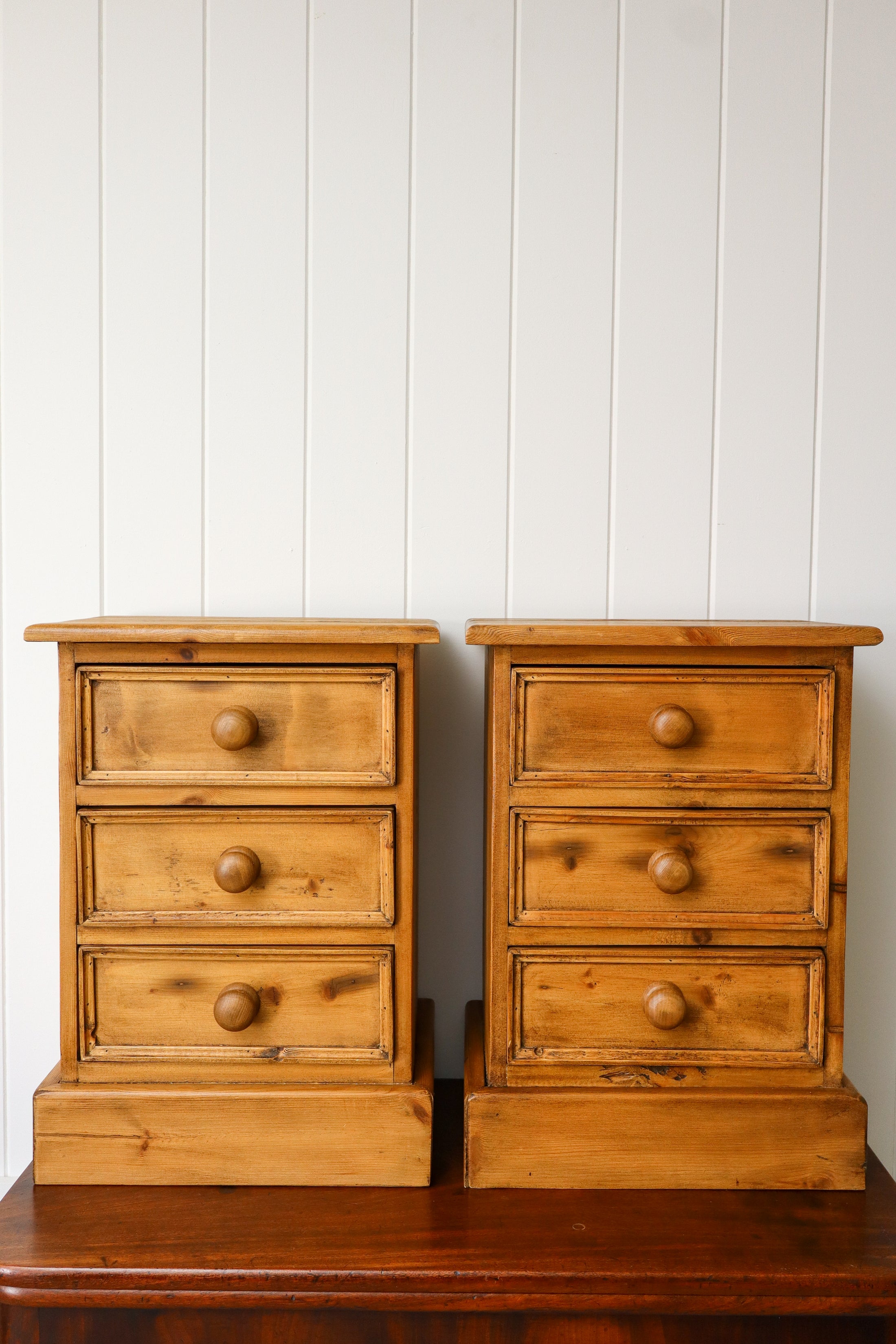 PAIR English Pine 3 Drawer Bedside Chests