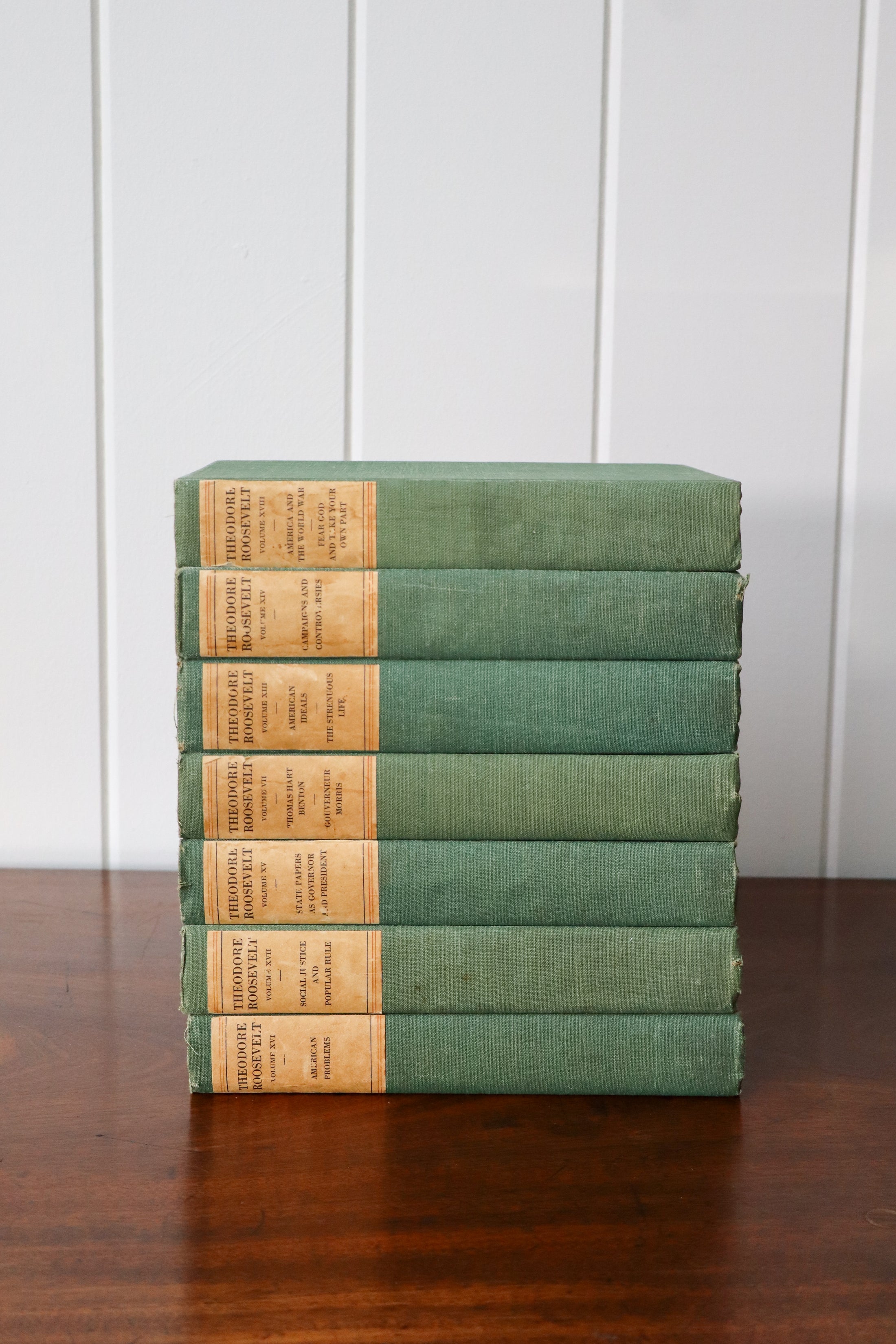 7 Volumes of "The Works of Theodore Roosevelt" | Original Sage Green Cloth Hardcovers